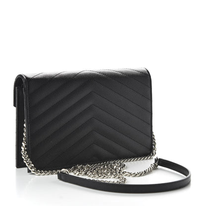 Saint Laurent Grain De Poudre Matelasse Chevron Monogram Envelope Chain Wallet Black 3 of 10