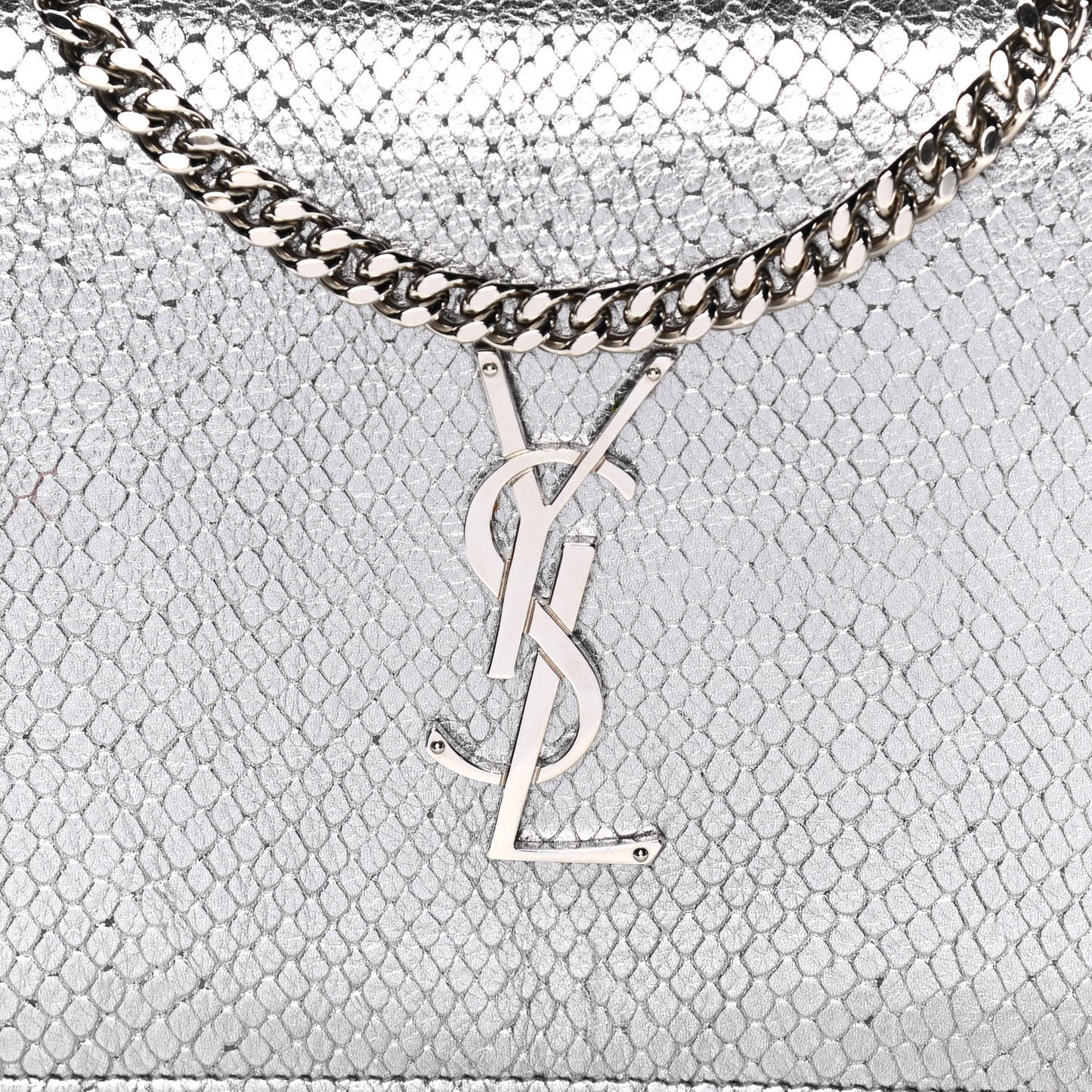 Metallic Calfskin Python Embossed Monogram Chain Wallet Silver