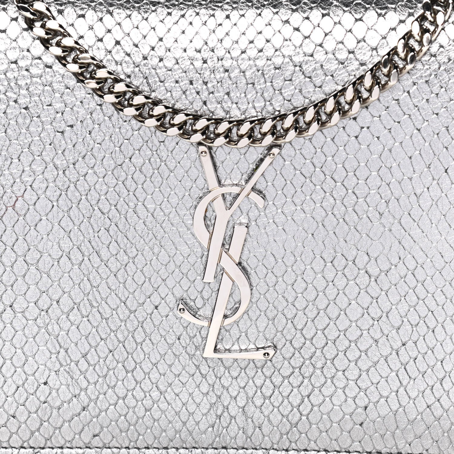 Saint Laurent Metallic Calfskin Python Embossed Monogram Chain Wallet Silver 8 of 17