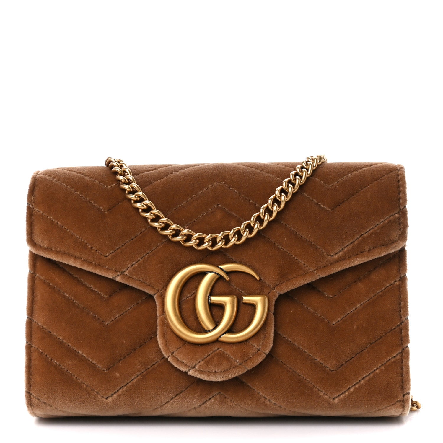 Gucci Velvet Matelasse GG Marmont Chain Wallet Taupe 1 of 11