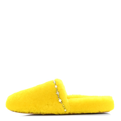 Jimmy Choo Shearling Crystal Pearl Aliette Flat Mules 38 Mimosa 1 of 8