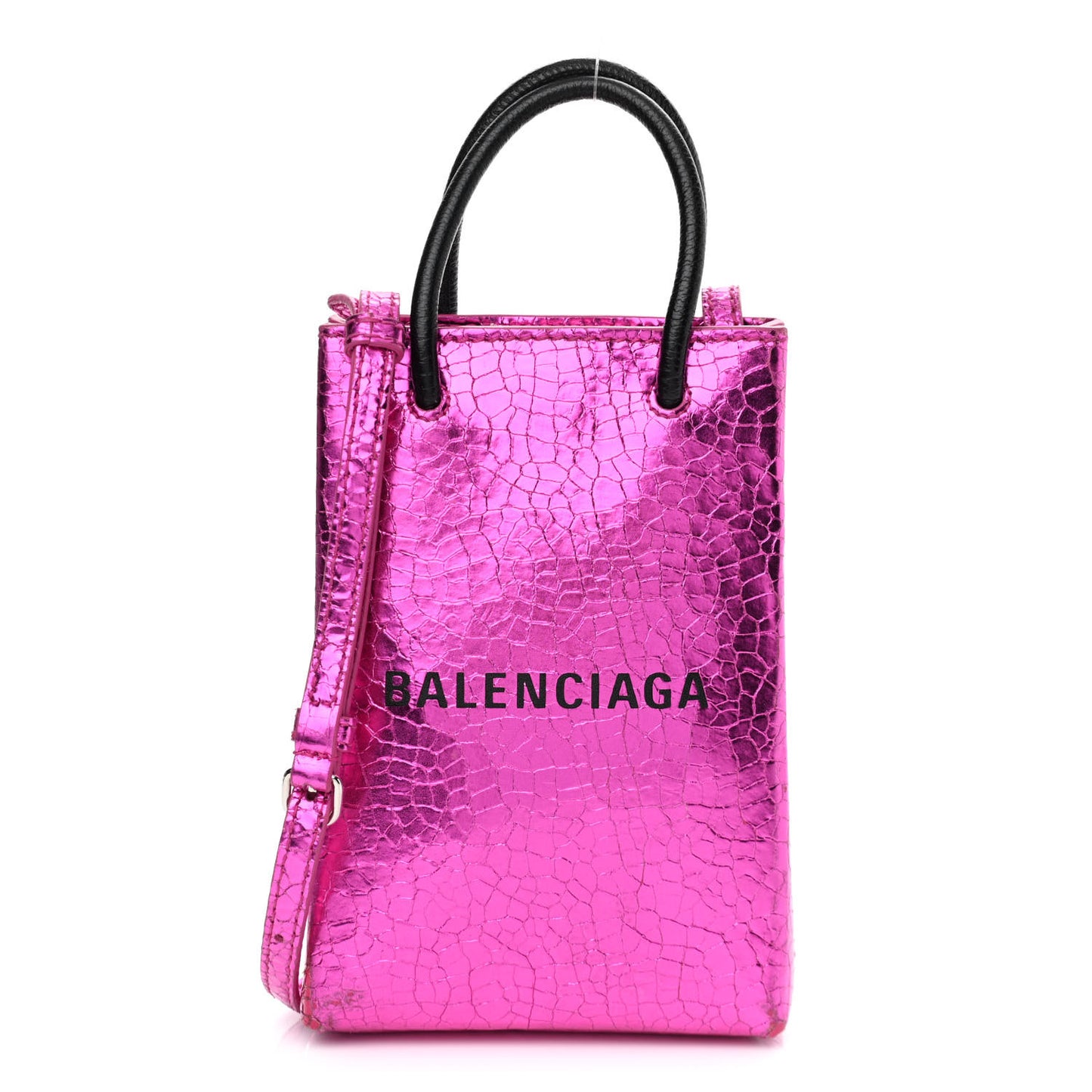 Metallic Calfskin Logo Shopping Phone Holder Bag Acid Fuchsia