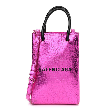 Balenciaga Metallic Calfskin Logo Shopping Phone Holder Bag Acid Fuchsia 1 of 13