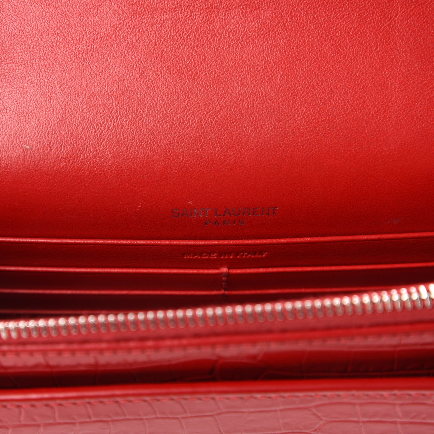 Calfskin Crocodile Embossed Monogram Sunset Chain Wallet New Lipstick Red