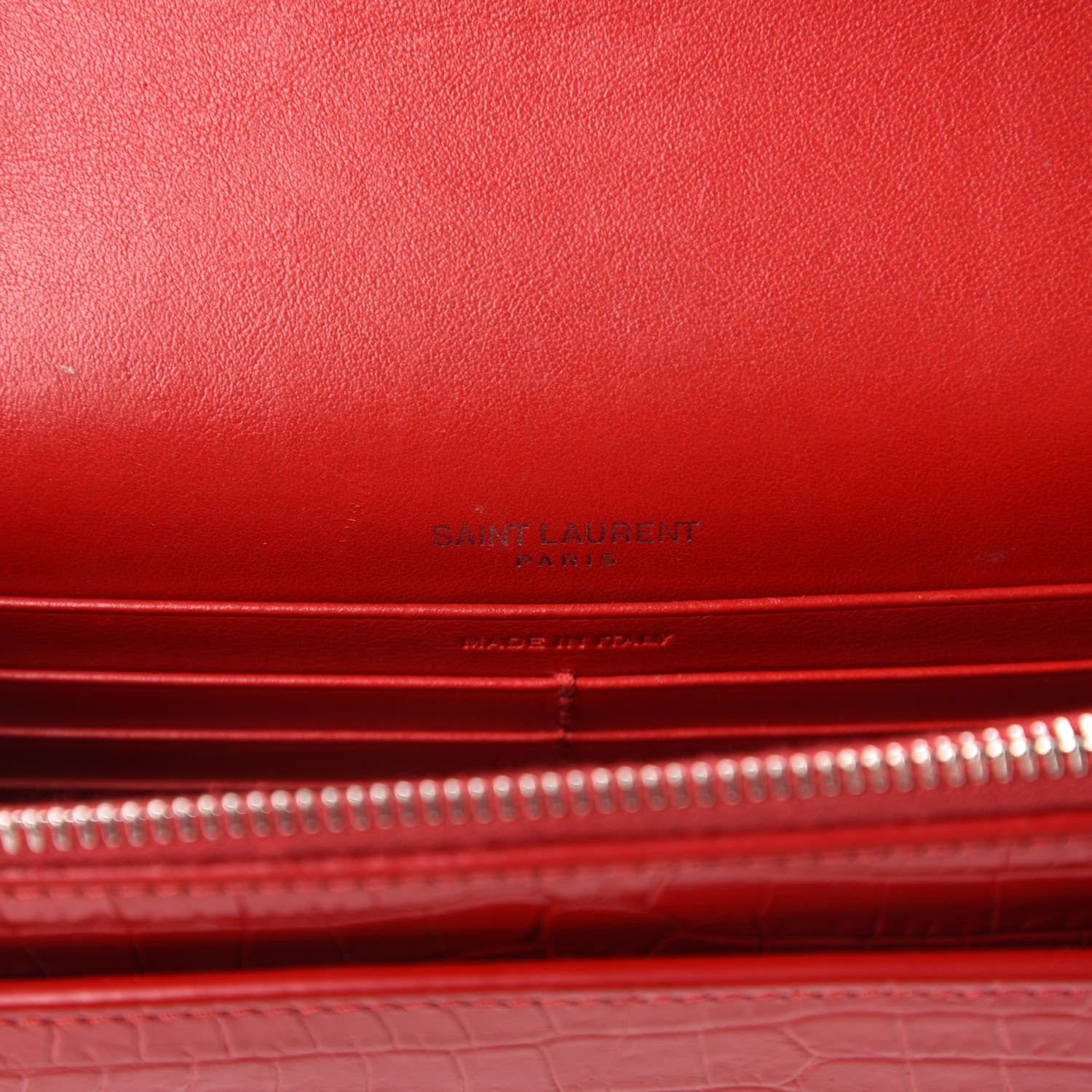 Saint Laurent Calfskin Crocodile Embossed Monogram Sunset Chain Wallet New Lipstick Red 8 of 10