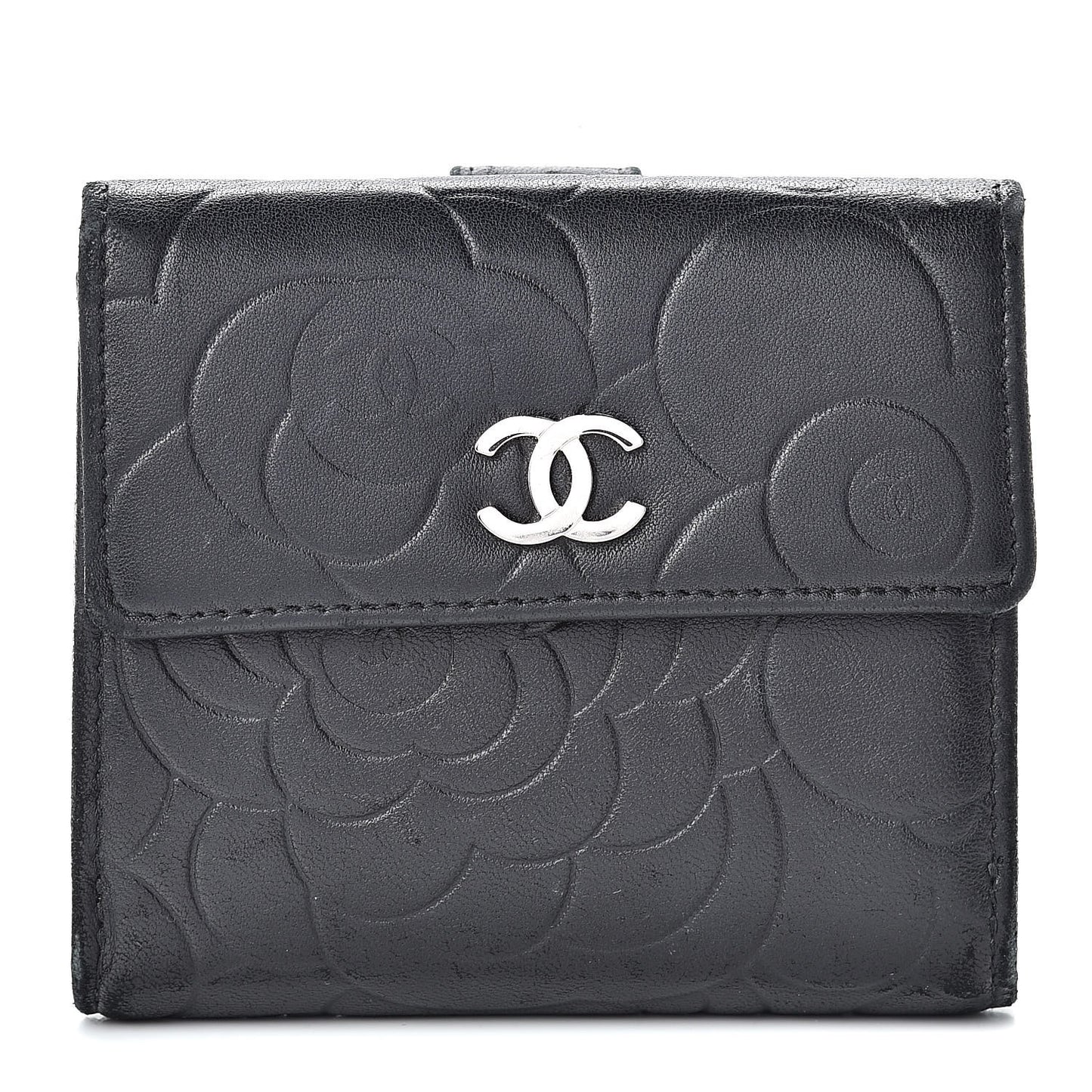 Lambskin Embossed Camellia French Wallet Black