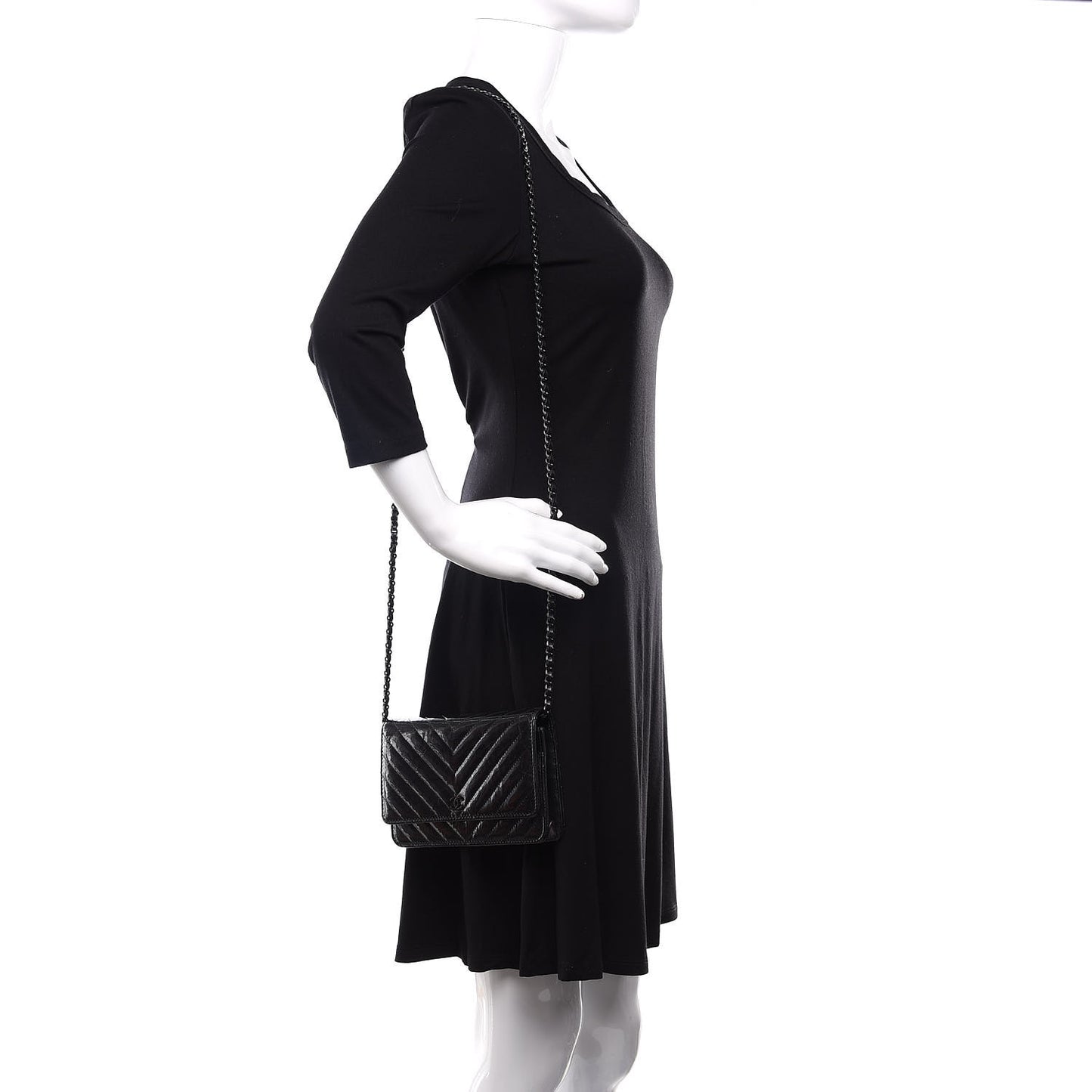 Patent Metallic Crumpled Calfskin Chevron Quilted Wallet On Chain WOC Black