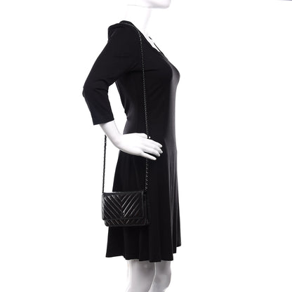 Chanel Patent Metallic Crumpled Calfskin Chevron Quilted Wallet On Chain WOC Black 2 of 12