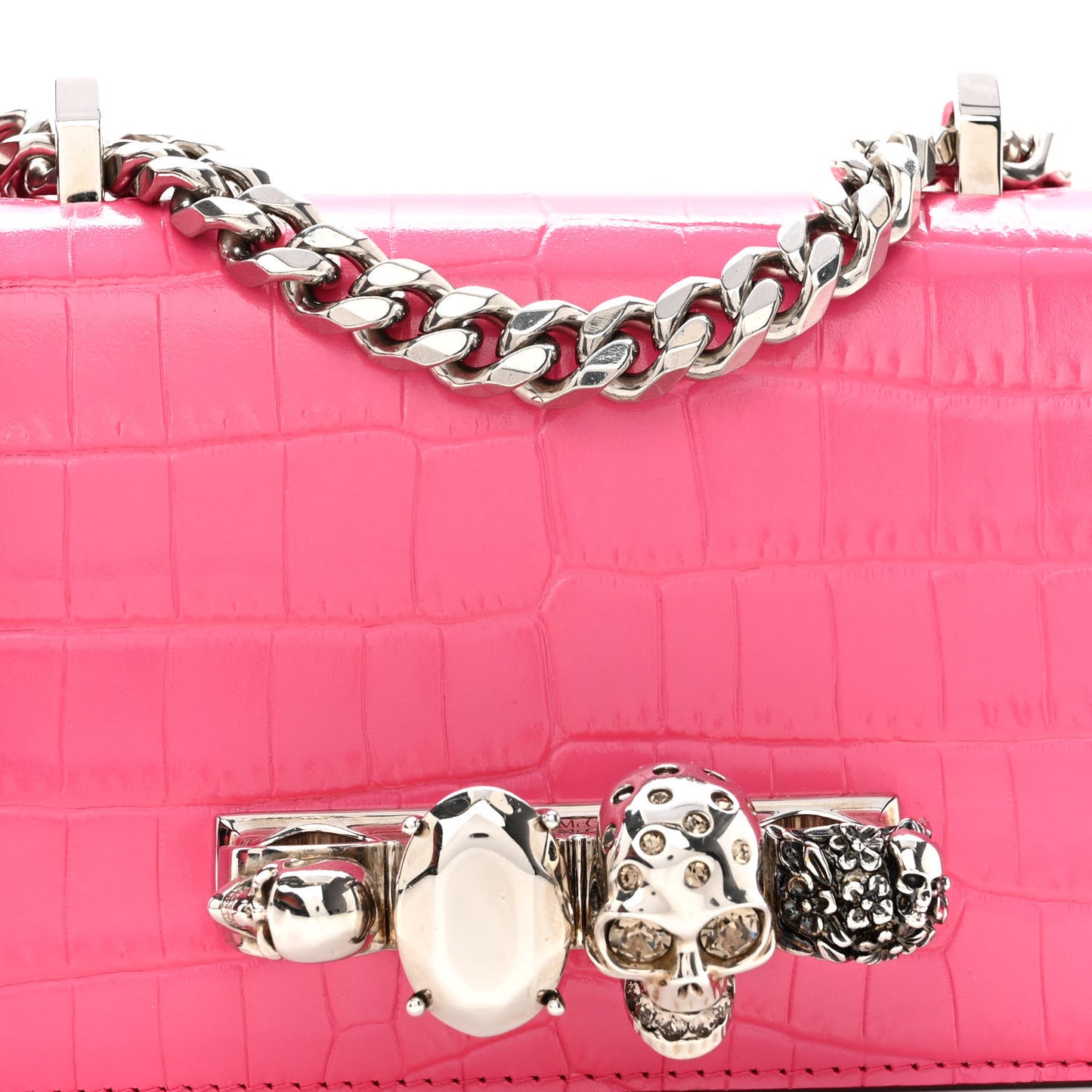 Shiny Crocodile Embossed Jeweled Satchel Peony Pink