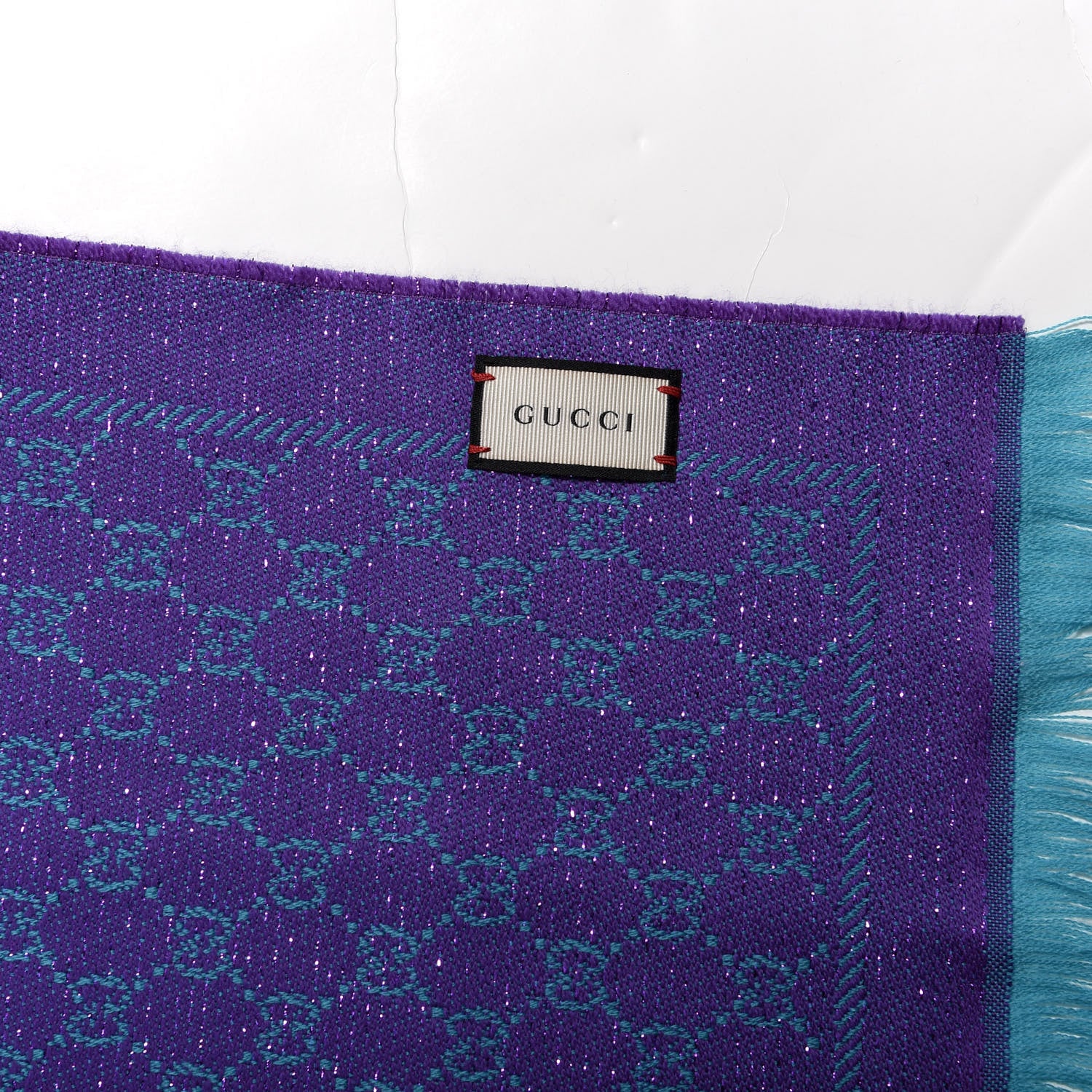 Gucci Wool Lame Jacquard GG Monogram Stenlux Scarf Turquoise Blue Dark Purple 3 of 4