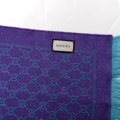Gucci Wool Lame Jacquard GG Monogram Stenlux Scarf Turquoise Blue Dark Purple 3 of 4