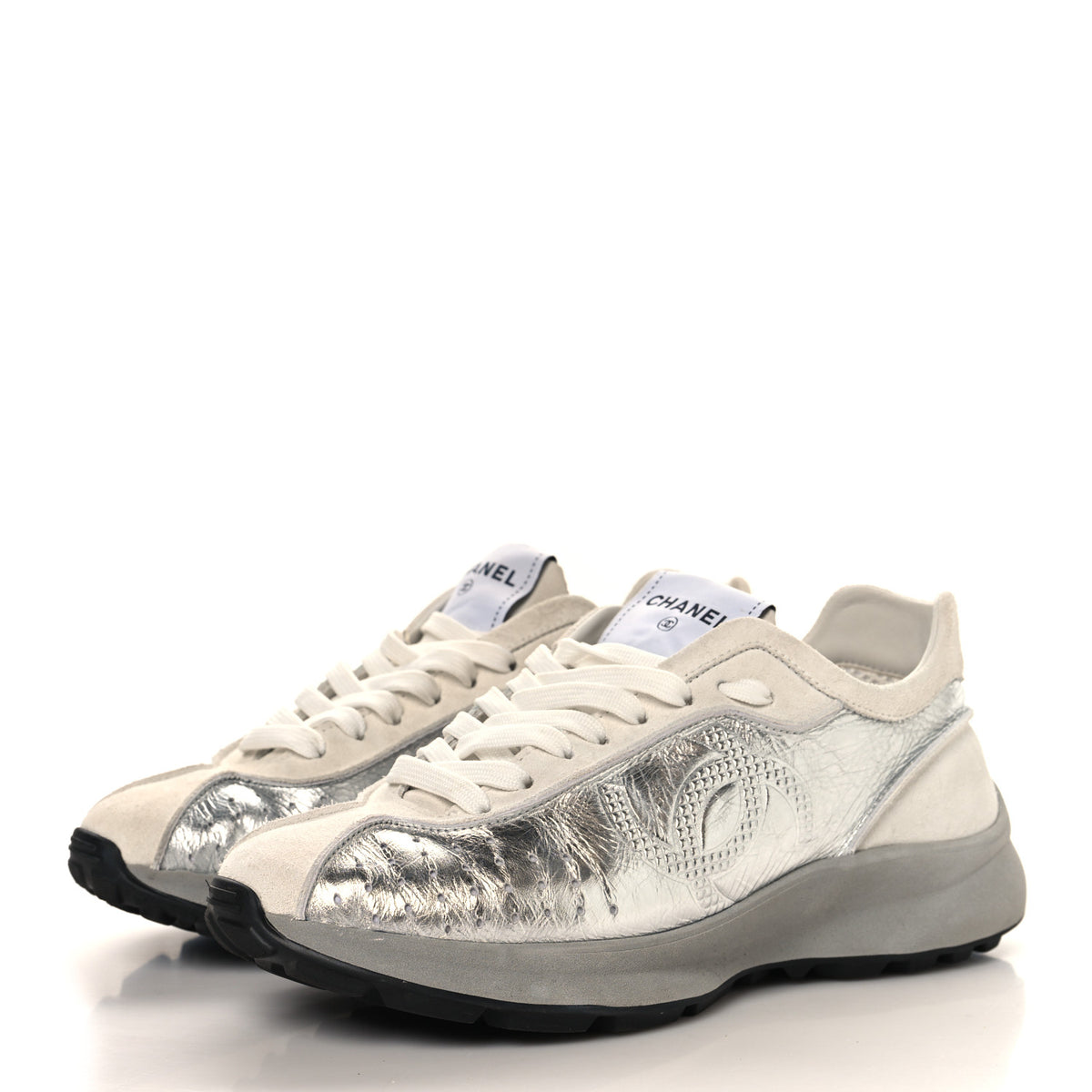 Laminated Calfskin Suede CC Sneakers 39.5 Silver Light Grey