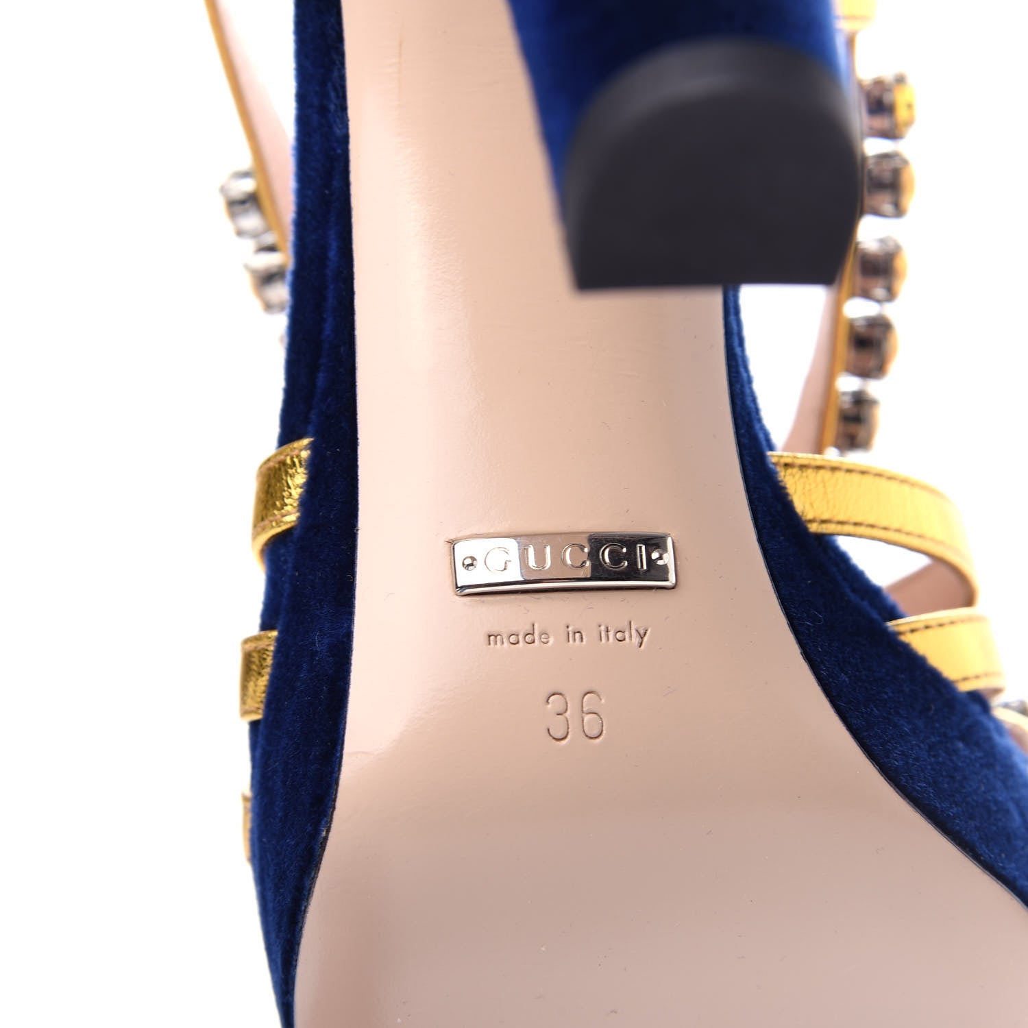 Gucci Velvet Nappa Crystal Zephyra Slingback Platform High Heel Sandals 36 Blue Gold 9 of 11