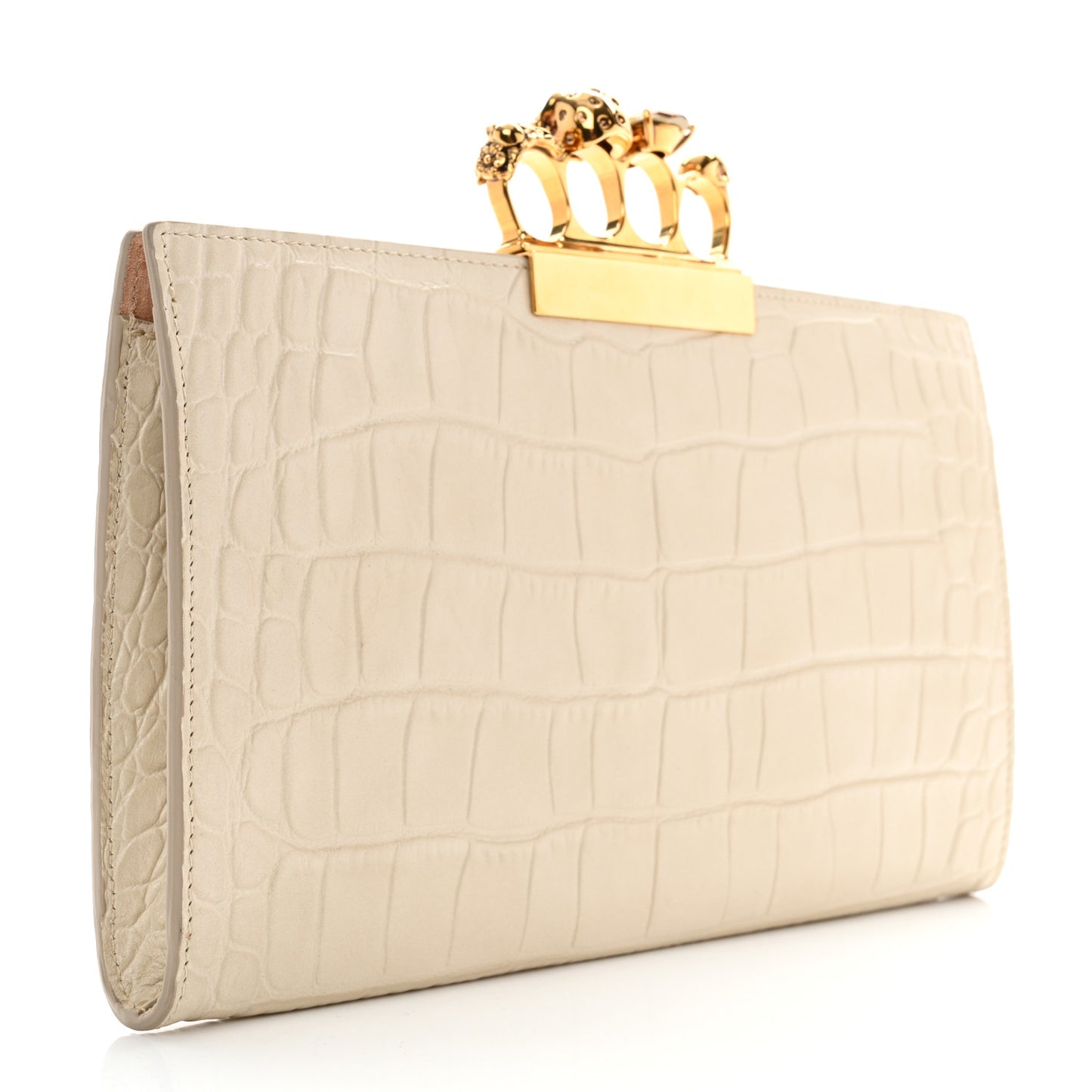 Calfskin Crocodile Embossed Knuckle Flat Clutch Ivory