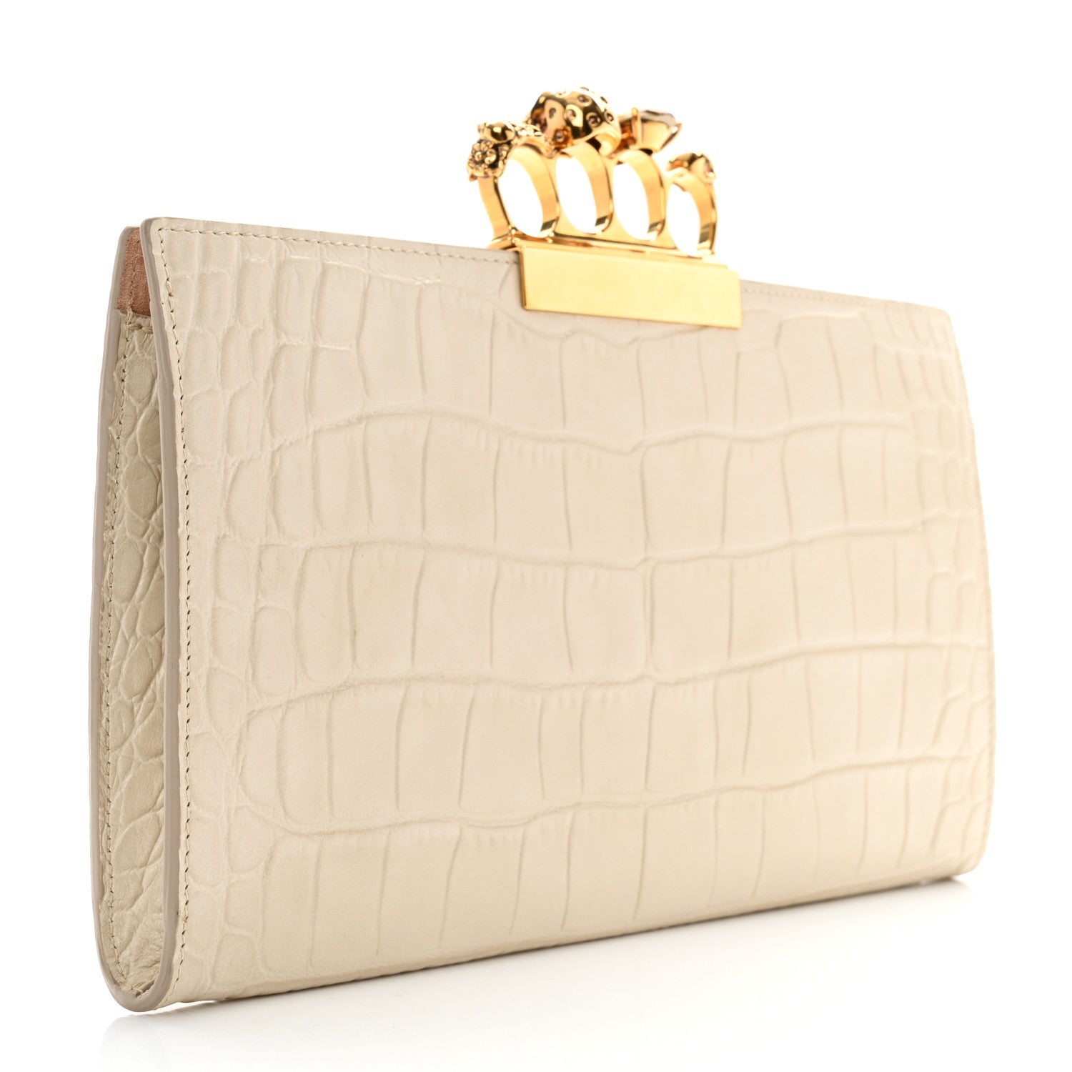Alexander McQueen Calfskin Crocodile Embossed Knuckle Flat Clutch Ivory 3 of 11