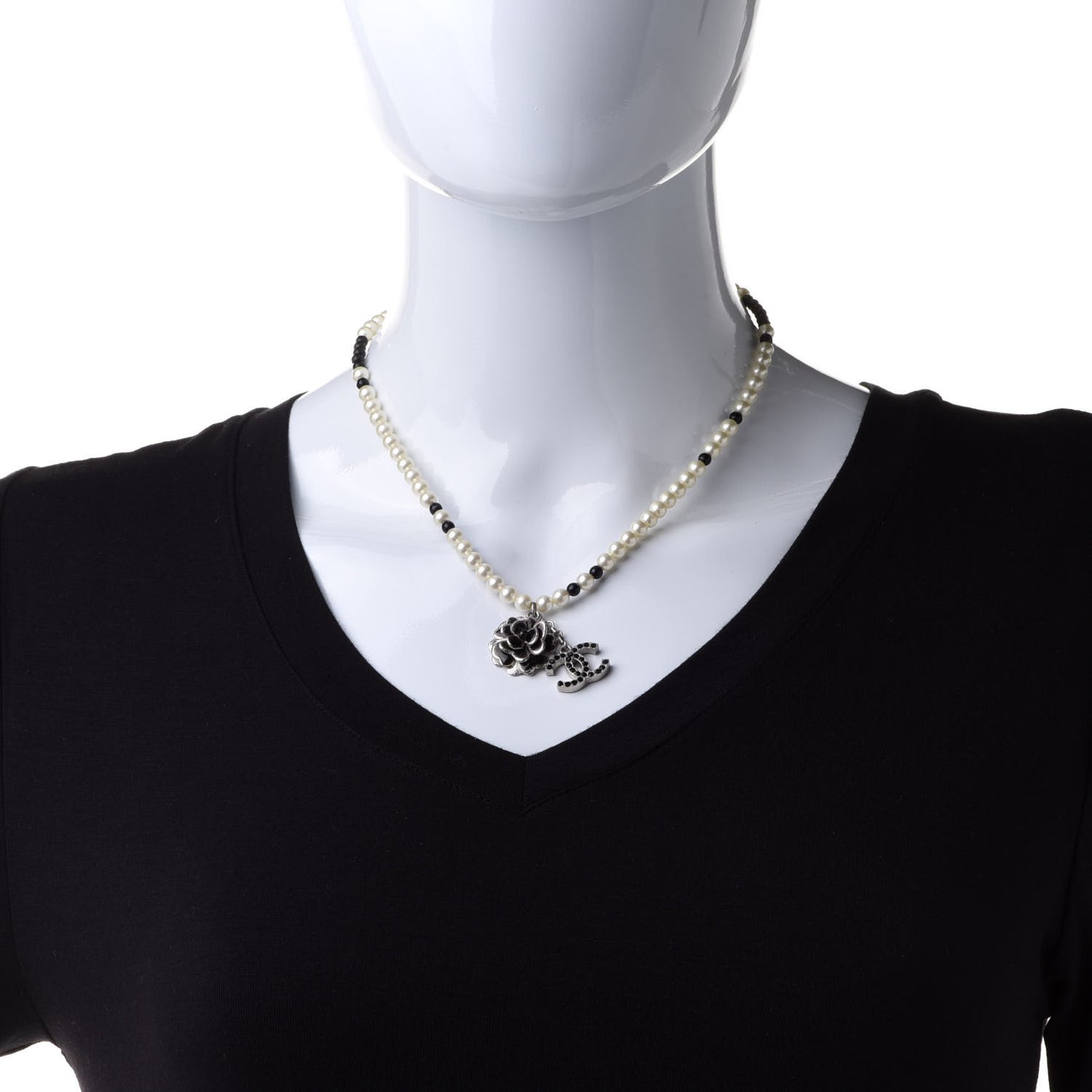 Crystal Pearl Enamel Beaded Camellia CC Necklace Silver Black