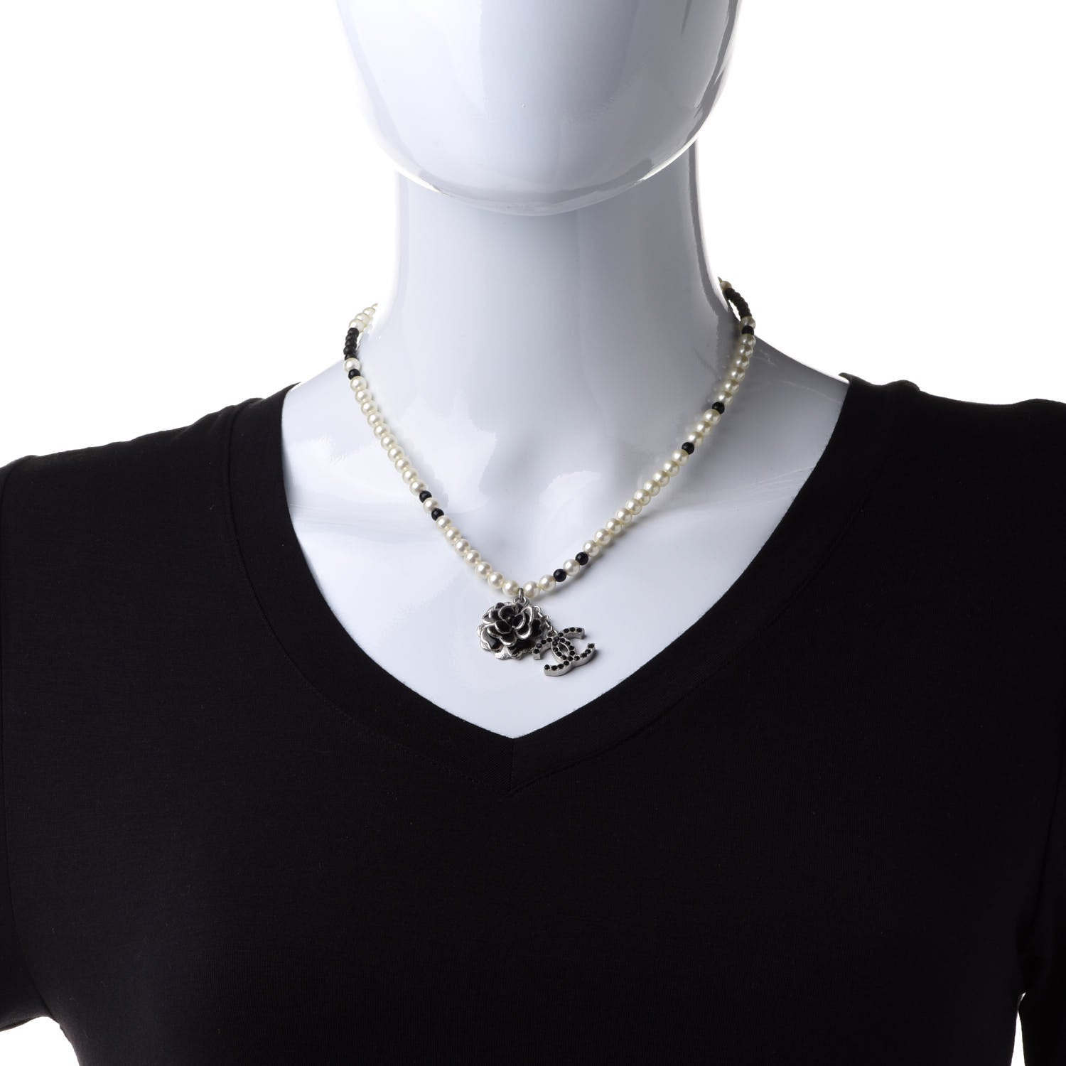 Chanel Crystal Pearl Enamel Beaded Camellia CC Necklace Silver Black 2 of 6