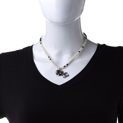 Chanel Crystal Pearl Enamel Beaded Camellia CC Necklace Silver Black 2 of 6