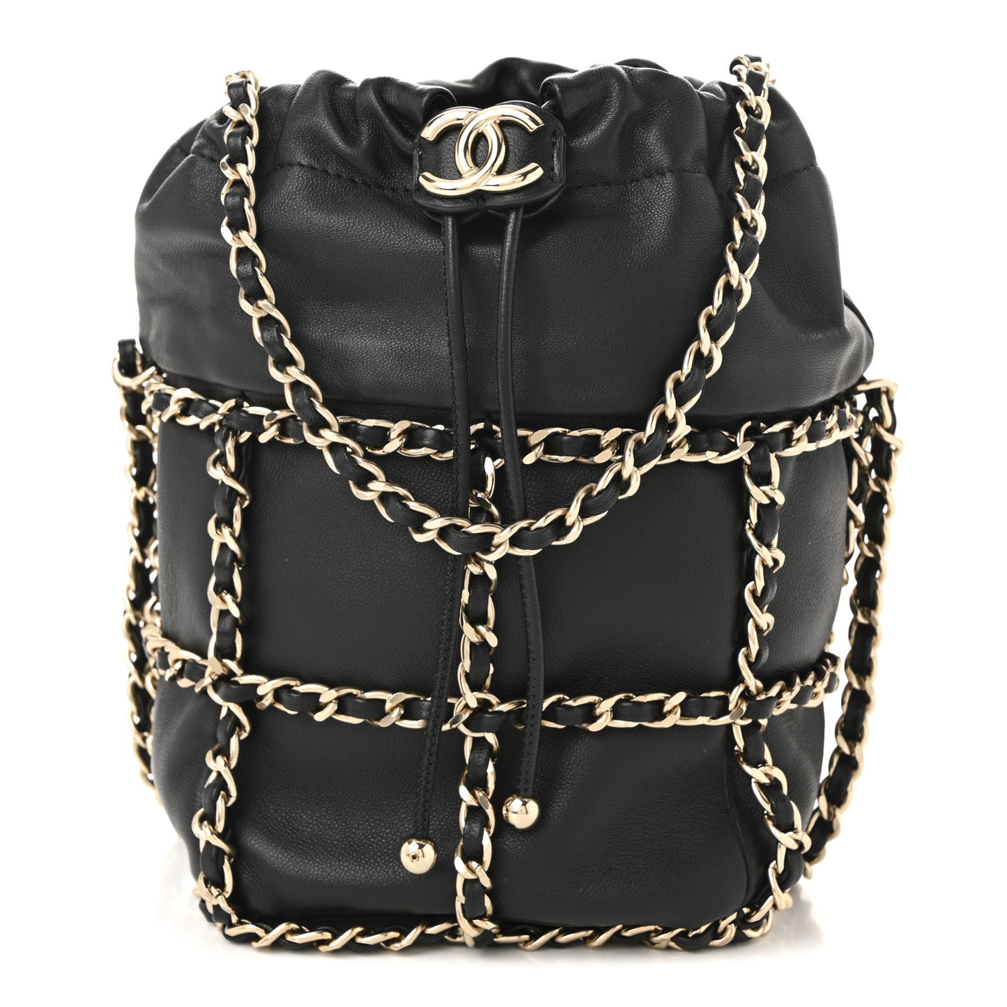 Lambskin Bucket Chain Drawstring Bag Black