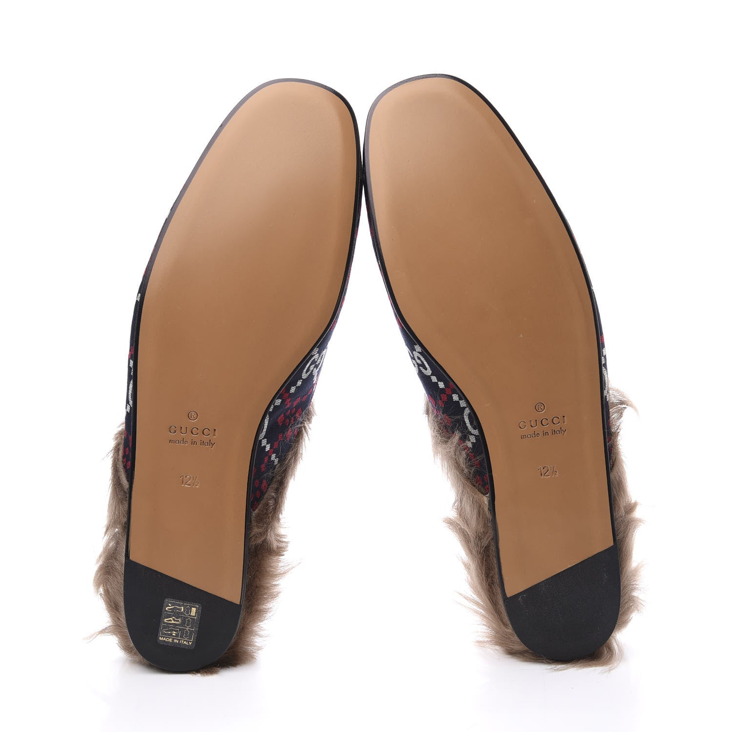 Gucci Canvas GG Monogram Diamond Fur Web GG Mens Princetown Slippers 12.5 Midnight Blue Hibiscus Red 6 of 10