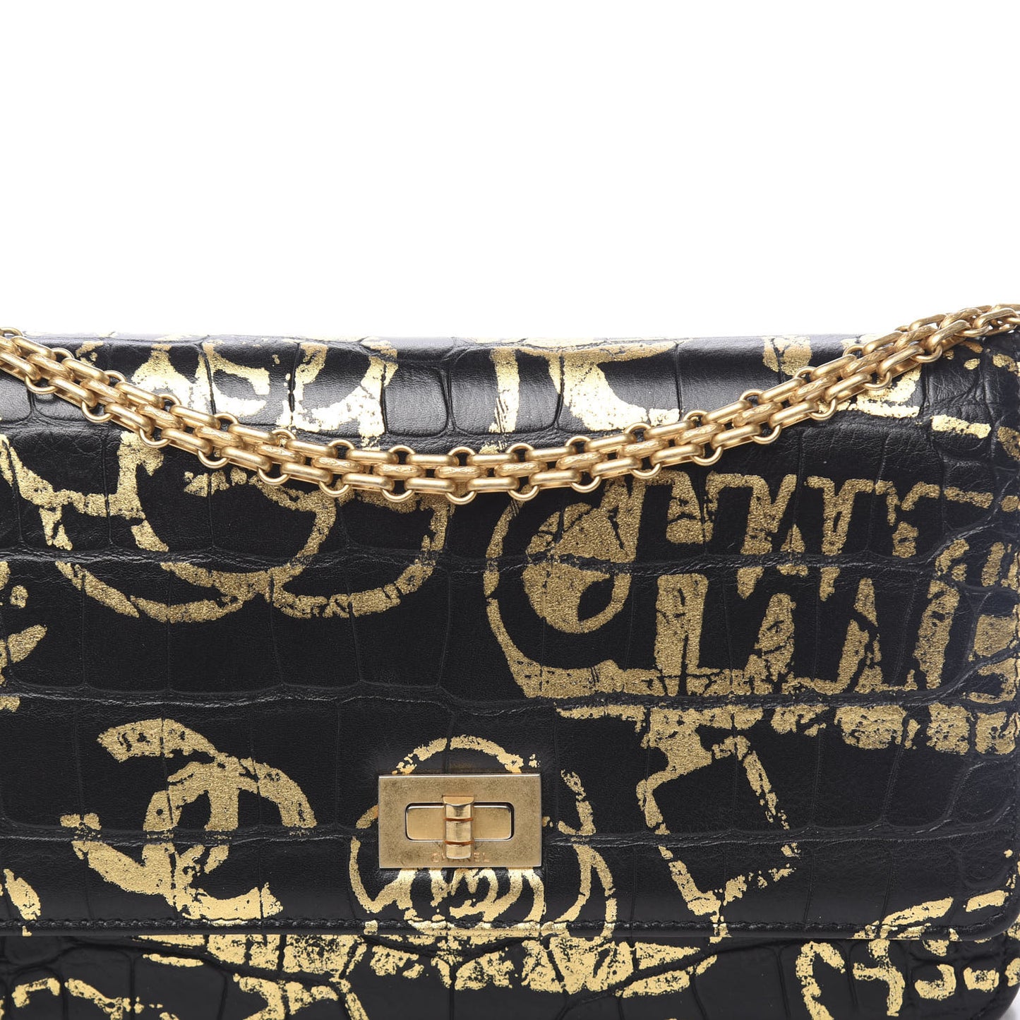 Calfskin Crocodile Embossed Graffiti 2.55 Cocodile Reissue Wallet On Chain WOC Black Gold
