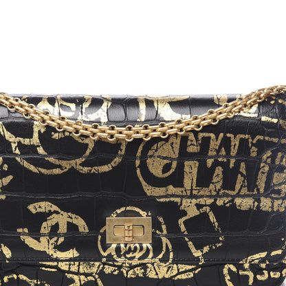 Chanel Calfskin Crocodile Embossed Graffiti 2.55 Cocodile Reissue Wallet On Chain WOC Black Gold 12 of 13