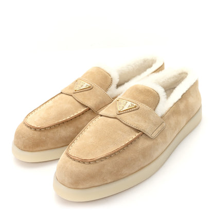 Prada Suede Shearling Triangle Logo Loafer 39 Ecru 4 of 9