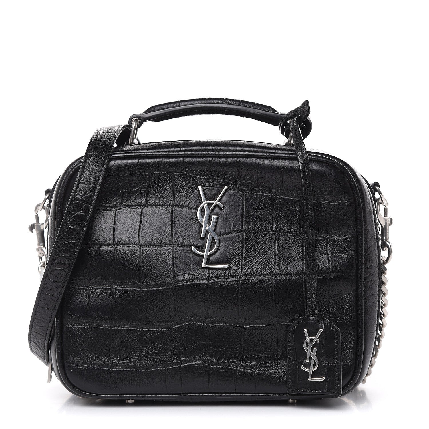 Saint Laurent Calfskin Crocodile Embossed Monogram Lunch Box Bag Black 1 of 10