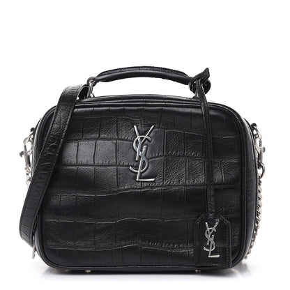 Saint Laurent Calfskin Crocodile Embossed Monogram Lunch Box Bag Black 1 of 10