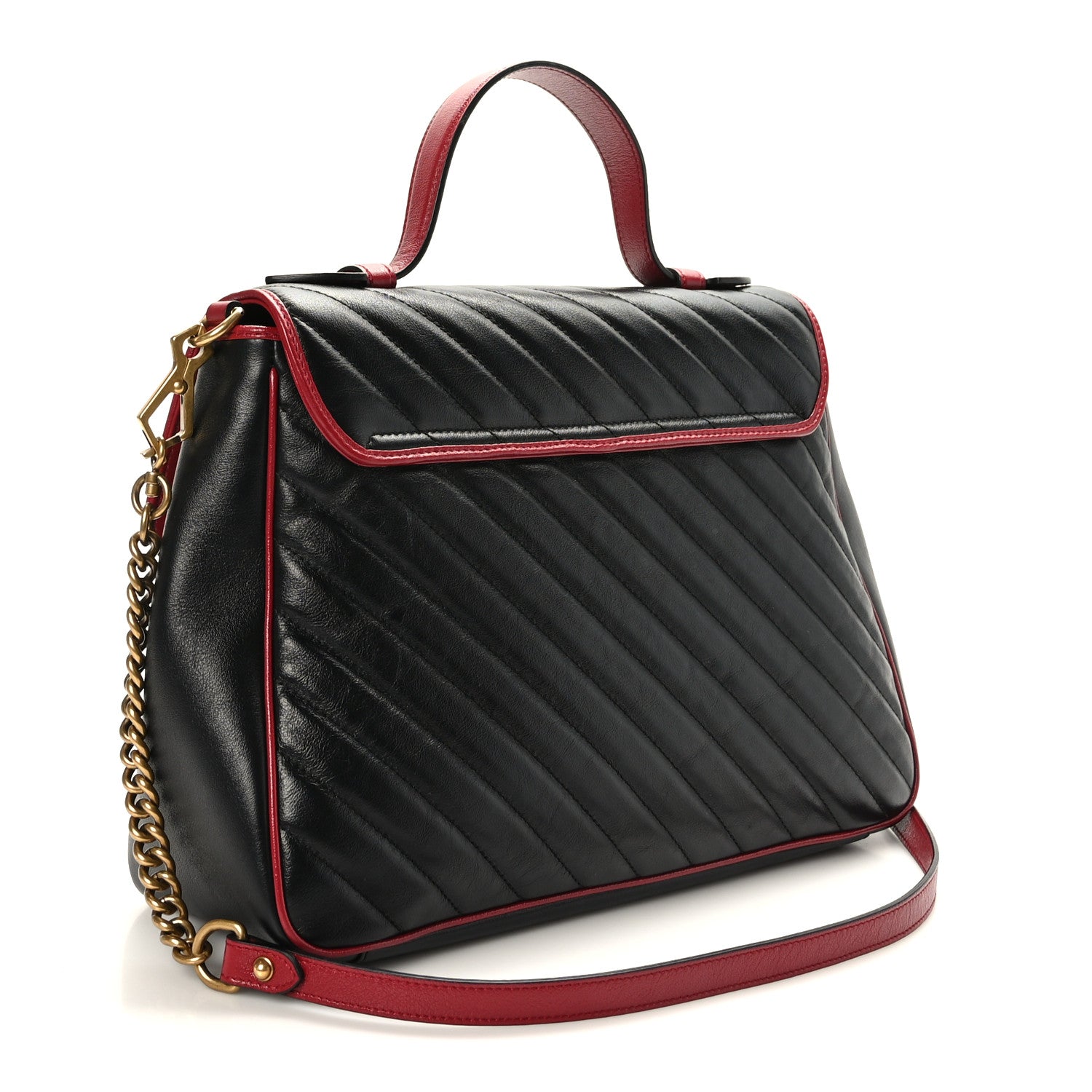 Gucci Vintage Effect Calfskin Matelasse Diagonal Medium Torchon GG Marmont Top Handle Shoulder Bag Black Romantic Cherry 6 of 17