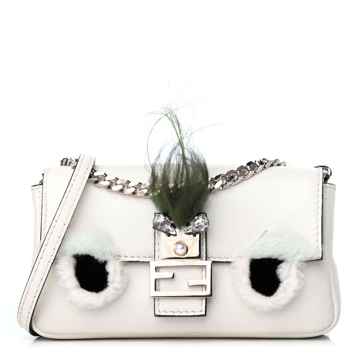 Calfskin Fox Mink Fur Monster Micro Baguette White