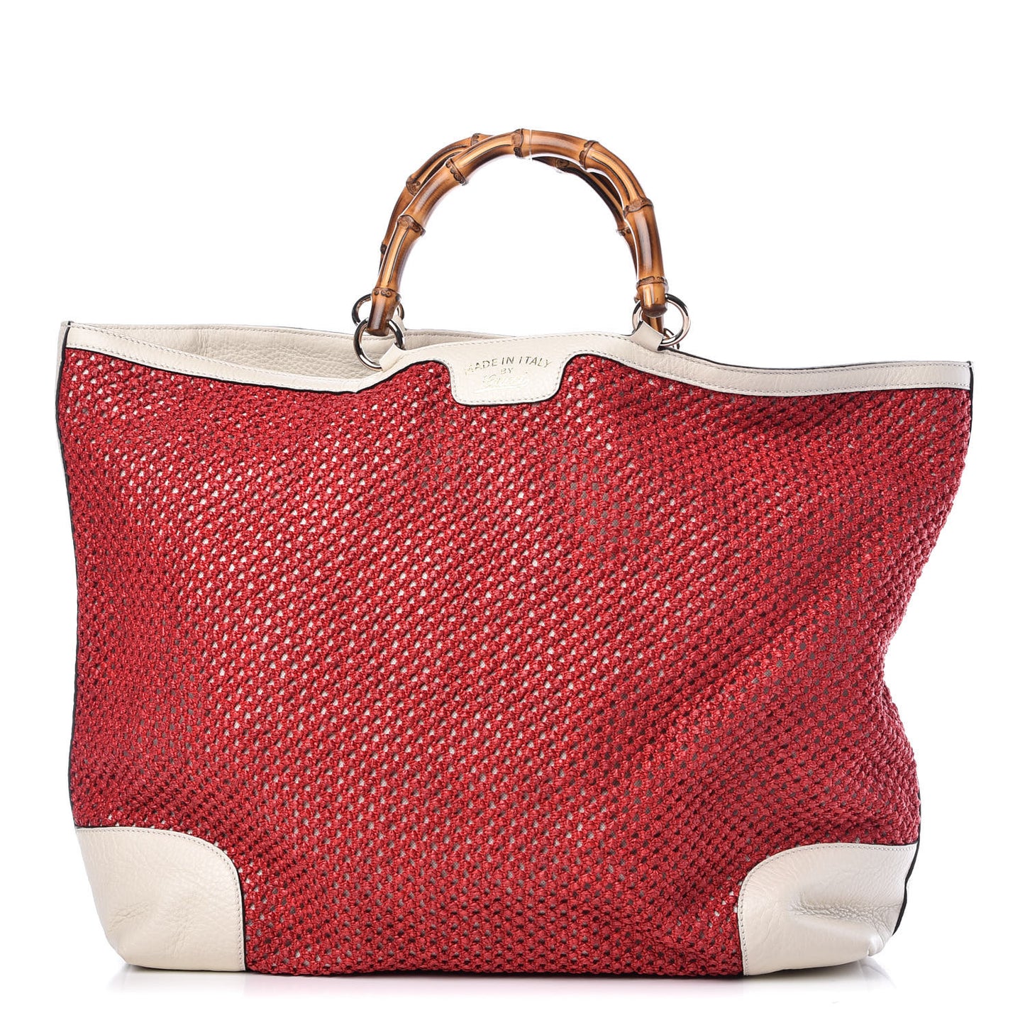 Straw Calfskin Bamboo Shopper Tote Raspberry