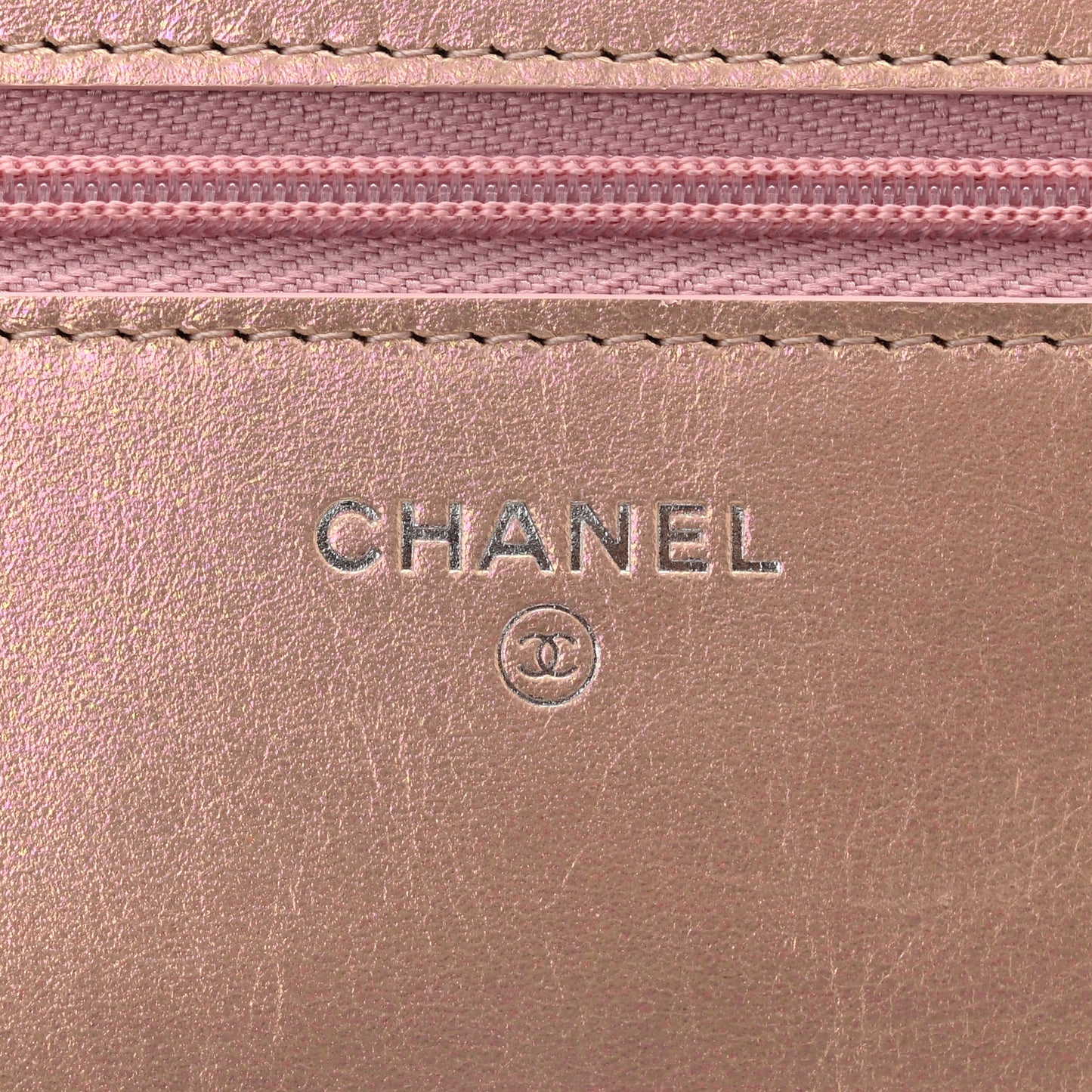 Iridescent Calfskin Quilted Wallet On Chain WOC Pink