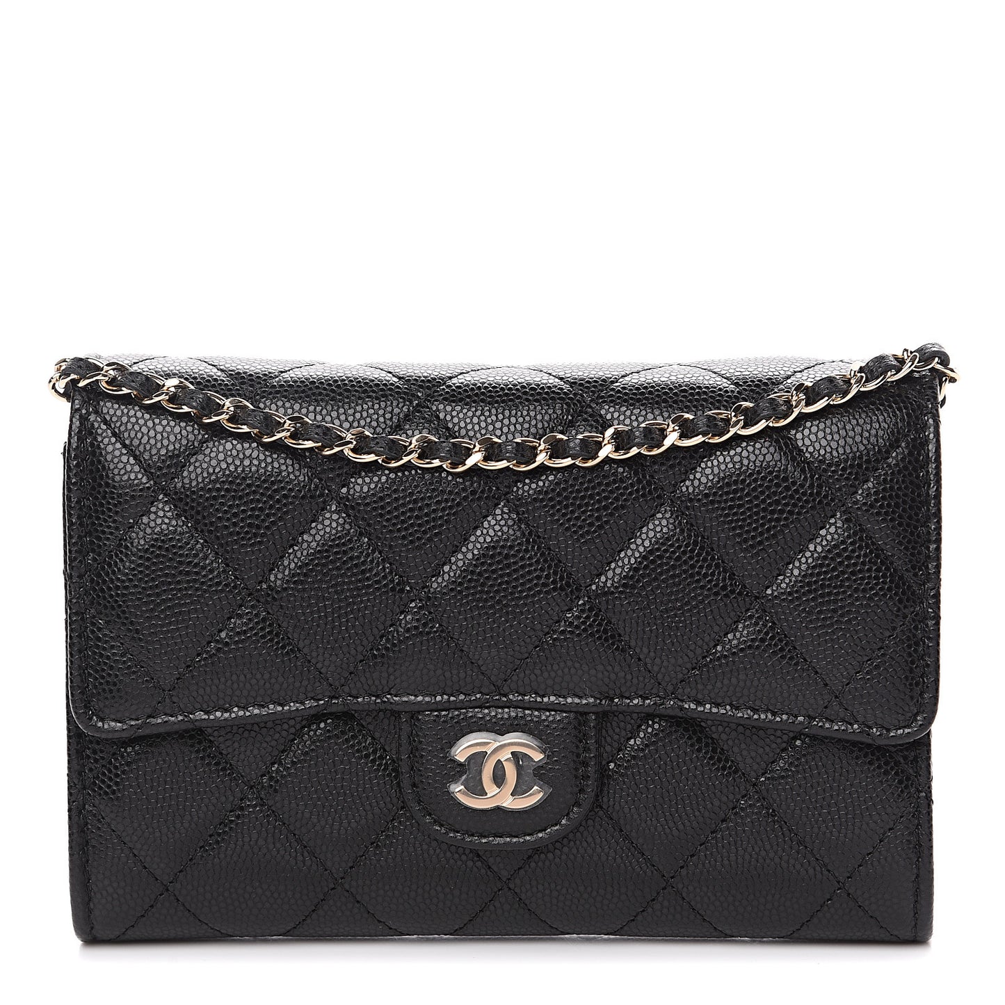 Iridescent Caviar Quilted Classic Clutch With Chain Black