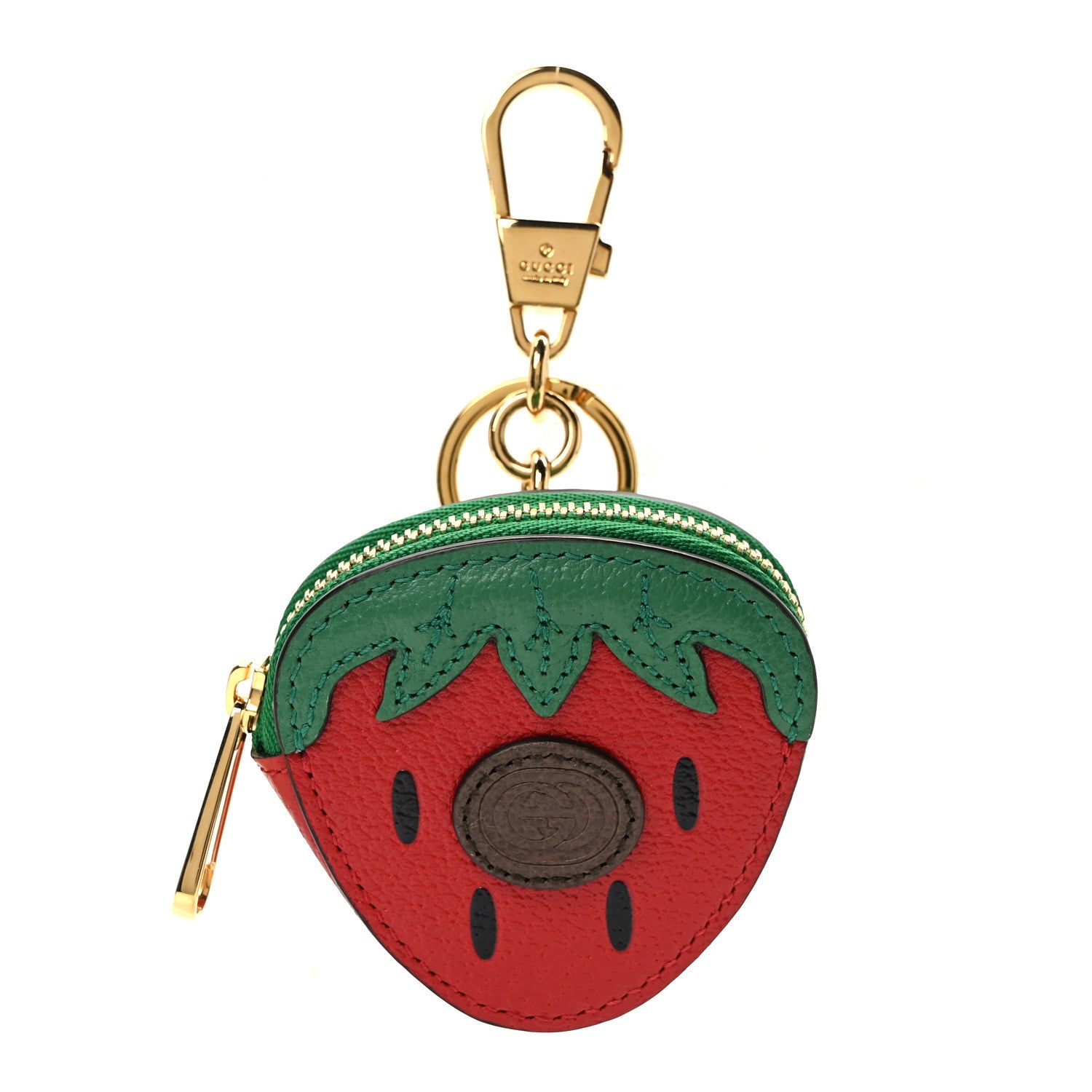 Gucci Textured Dollar Calfskin Retro Interlocking G Fruttini Strawberry Coin Case Bag Charm Key Holder 1 of 4
