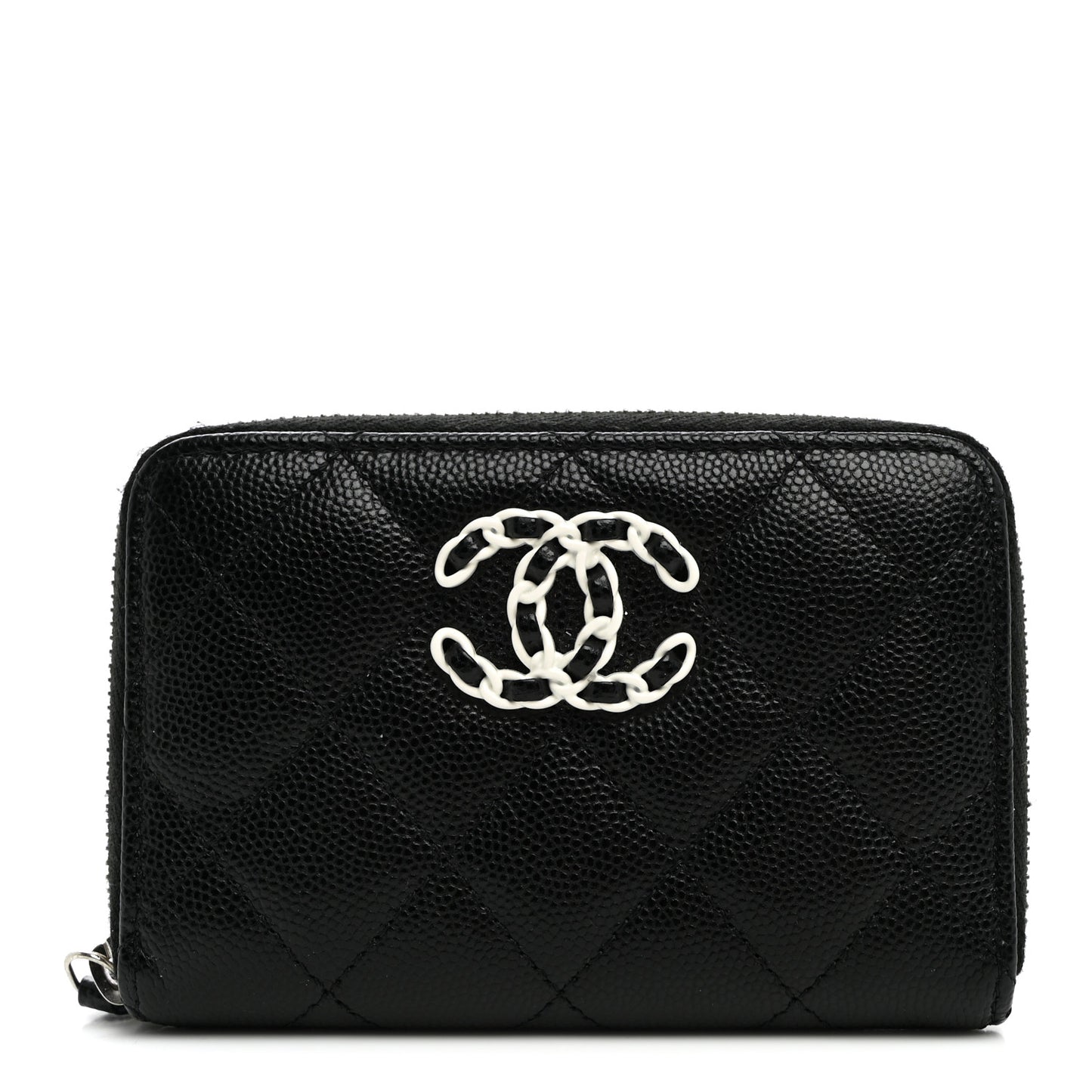 Caviar Quilted Chanel 19 Zip Around Coin Purse Wallet Black White