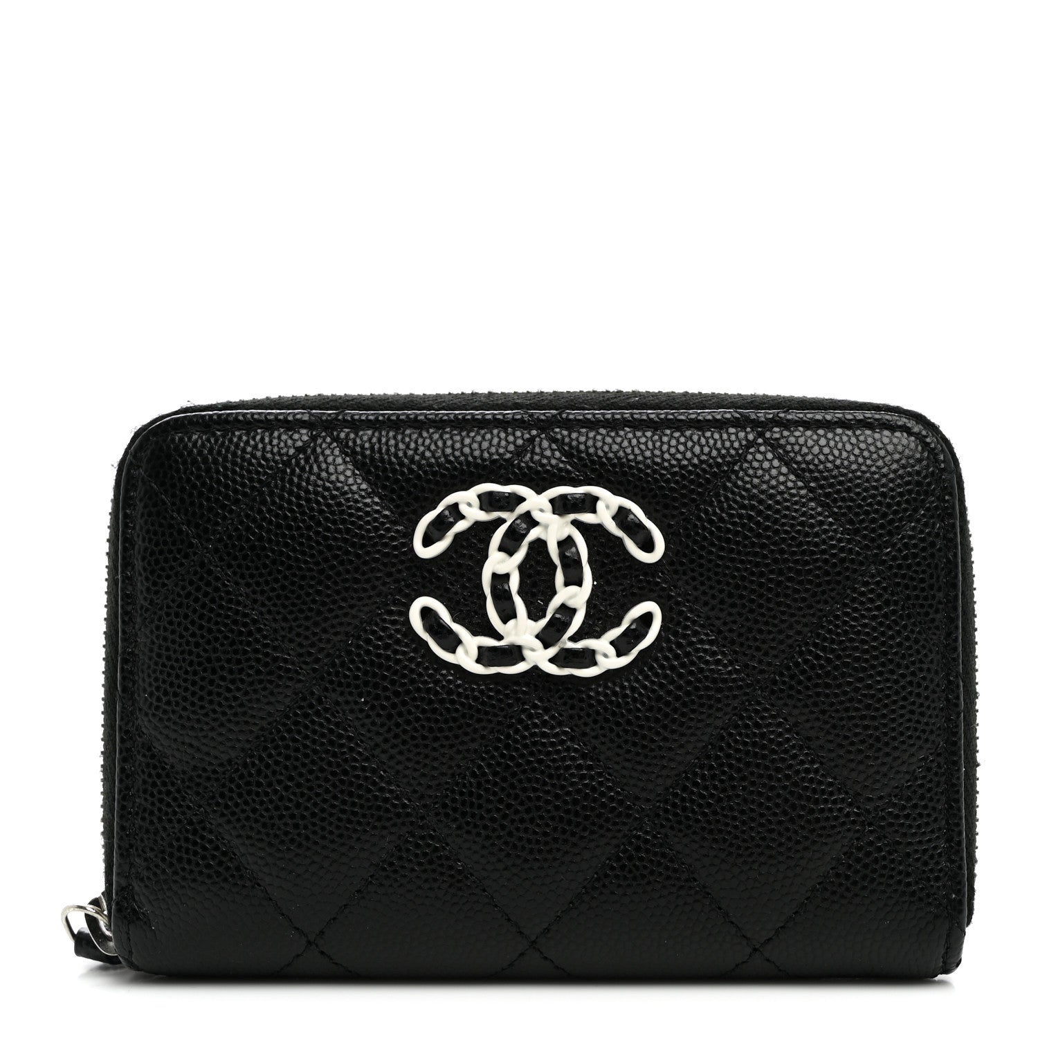 Chanel Caviar Quilted Chanel 19 Zip Around Coin Purse Wallet Black White 1 of 9