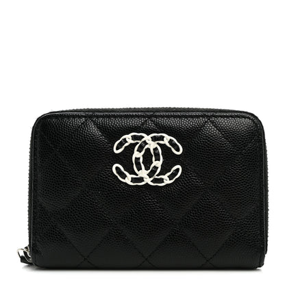 Chanel Caviar Quilted Chanel 19 Zip Around Coin Purse Wallet Black White 1 of 9