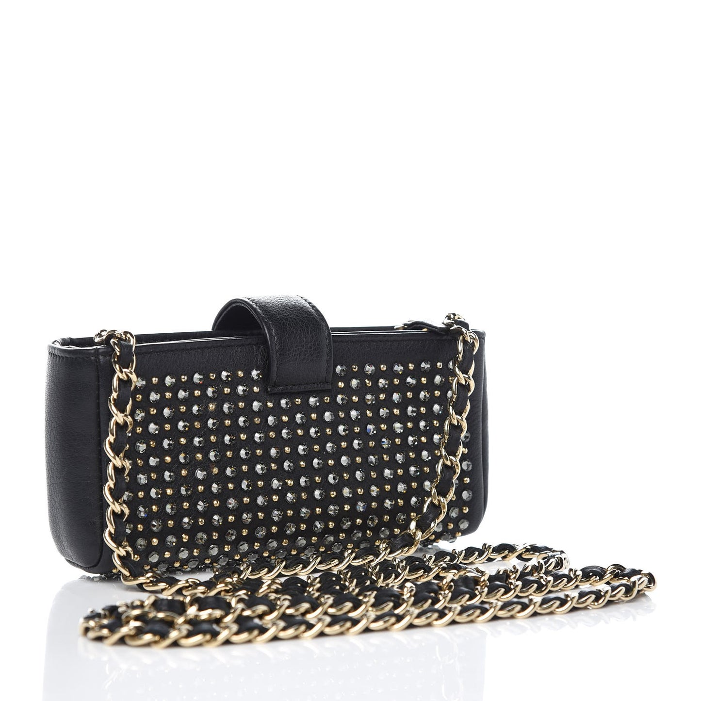 Calfskin Strass Studded Mini Phone Holder Clutch Black