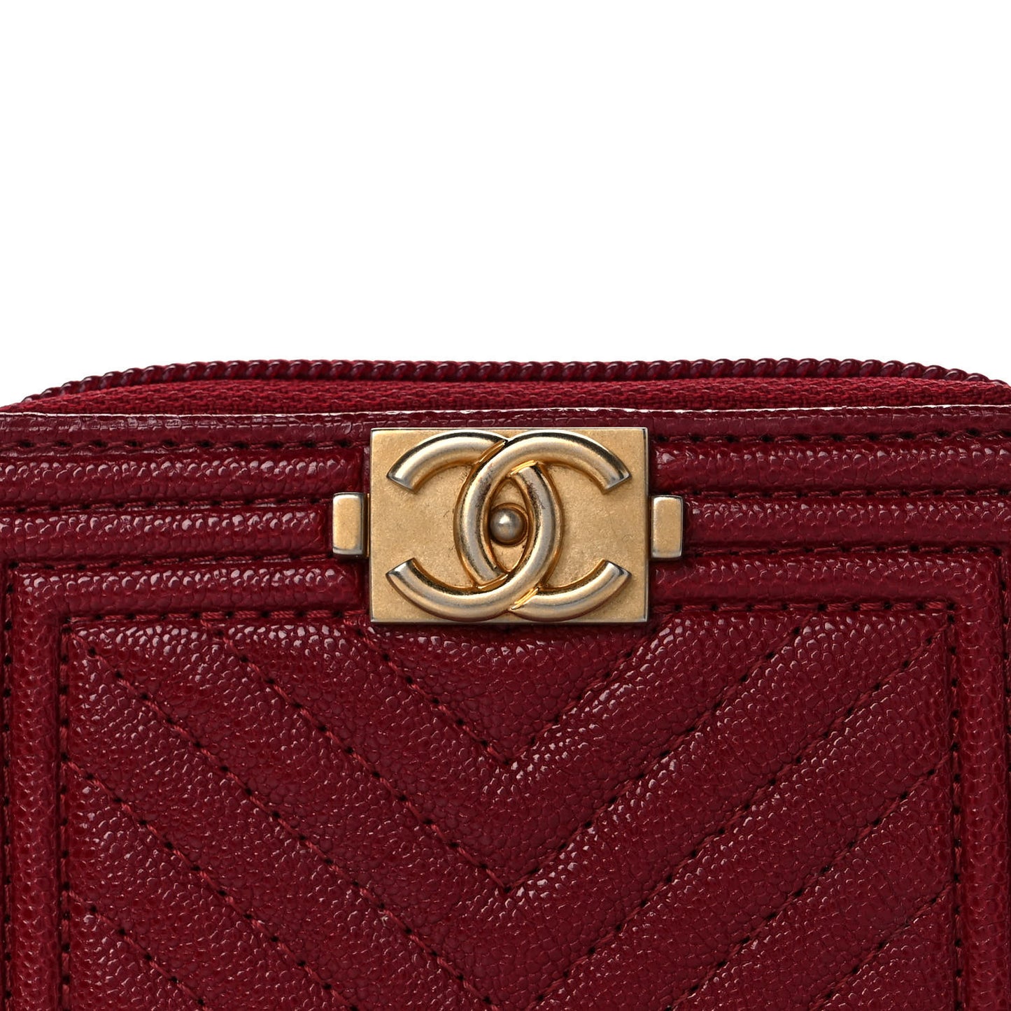 Caviar Chevron Quilted Boy Zip Around Coin Purse Wallet Burgundy