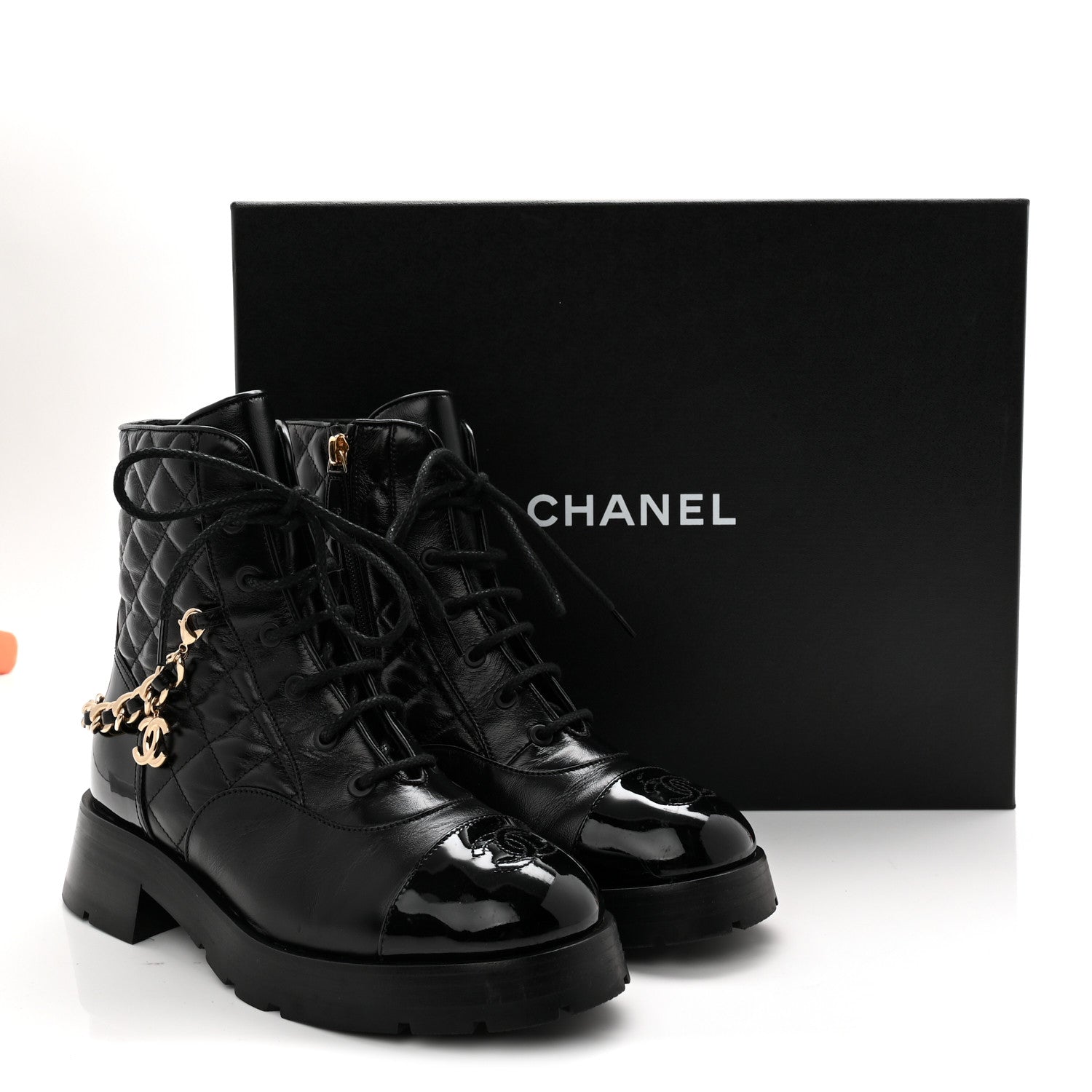 Chanel Shiny Calfskin Patent Quilted Chain Lace Up Combat Boots 38 Black 10 of 10