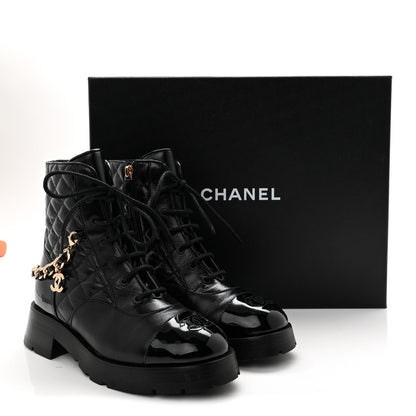 Chanel Shiny Calfskin Patent Quilted Chain Lace Up Combat Boots 38 Black 10 of 10