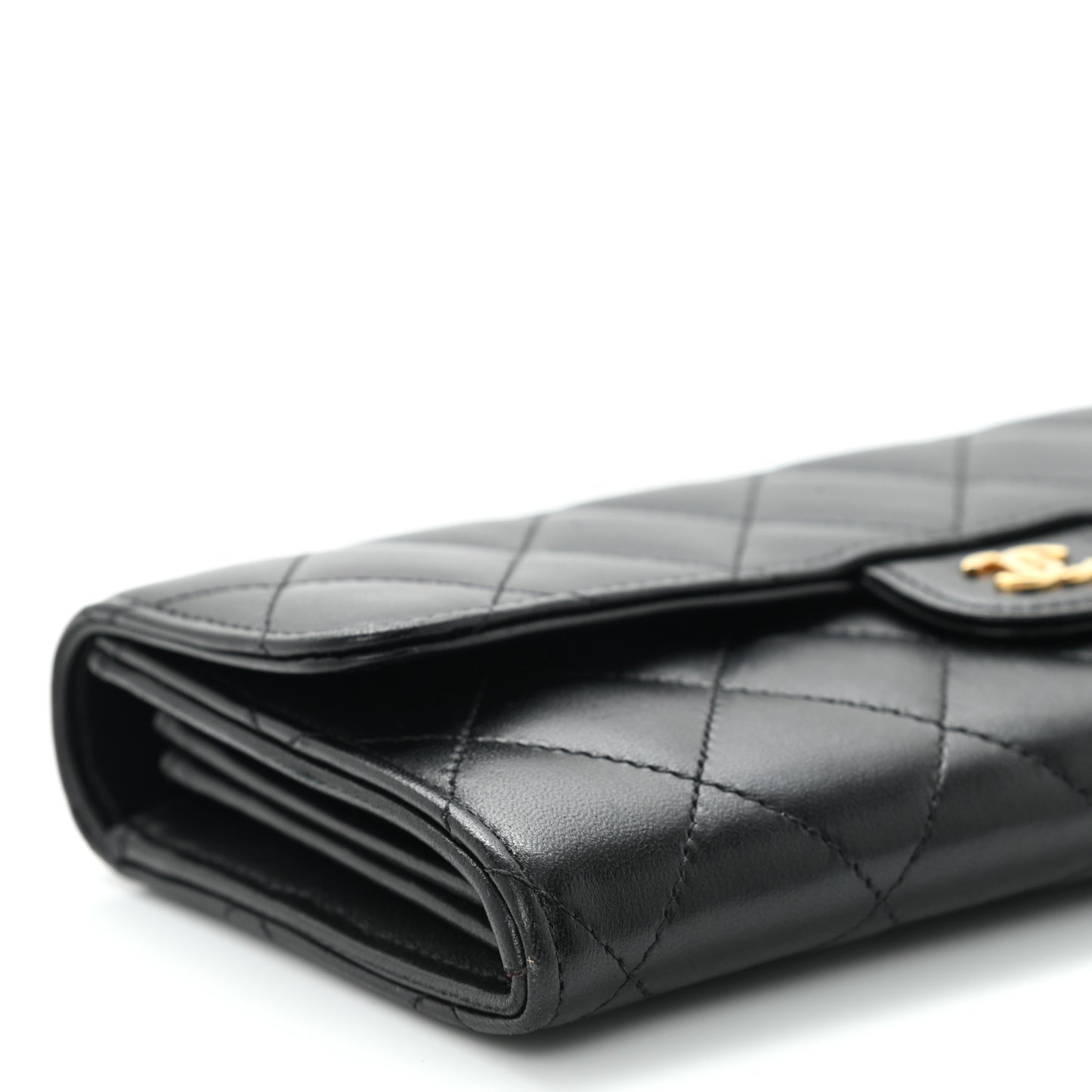Lambskin Quilted Large Gusset Flap Wallet Black