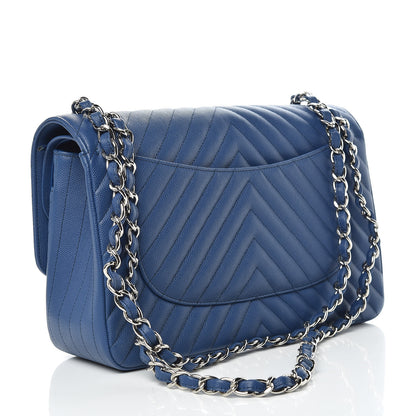 Chanel Caviar Chevron Quilted Jumbo Double Flap Blue 4 of 14
