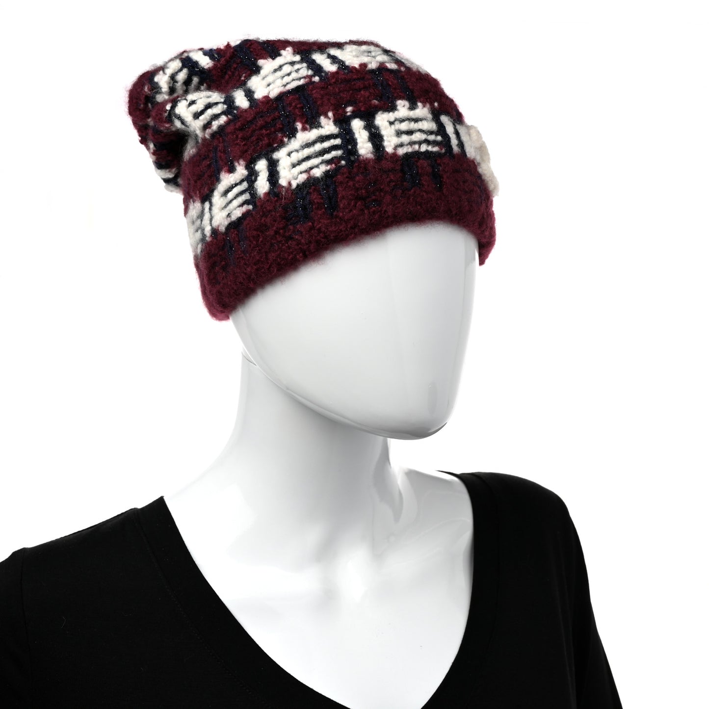 Cashmere Silk Glitter Logo Beanie Hat Burgundy Navy White