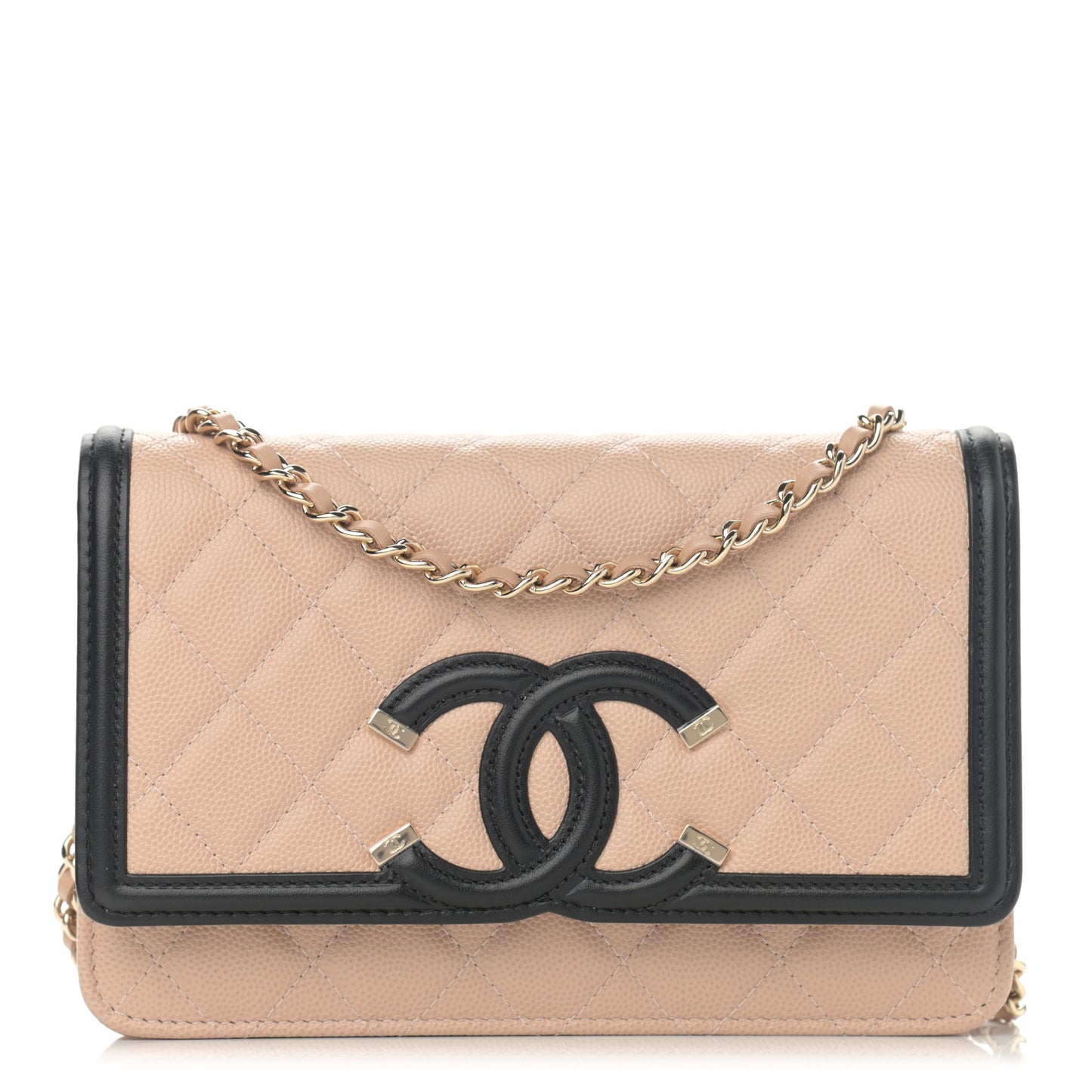 Caviar Quilted CC Filigree Wallet On Chain WOC Beige Black
