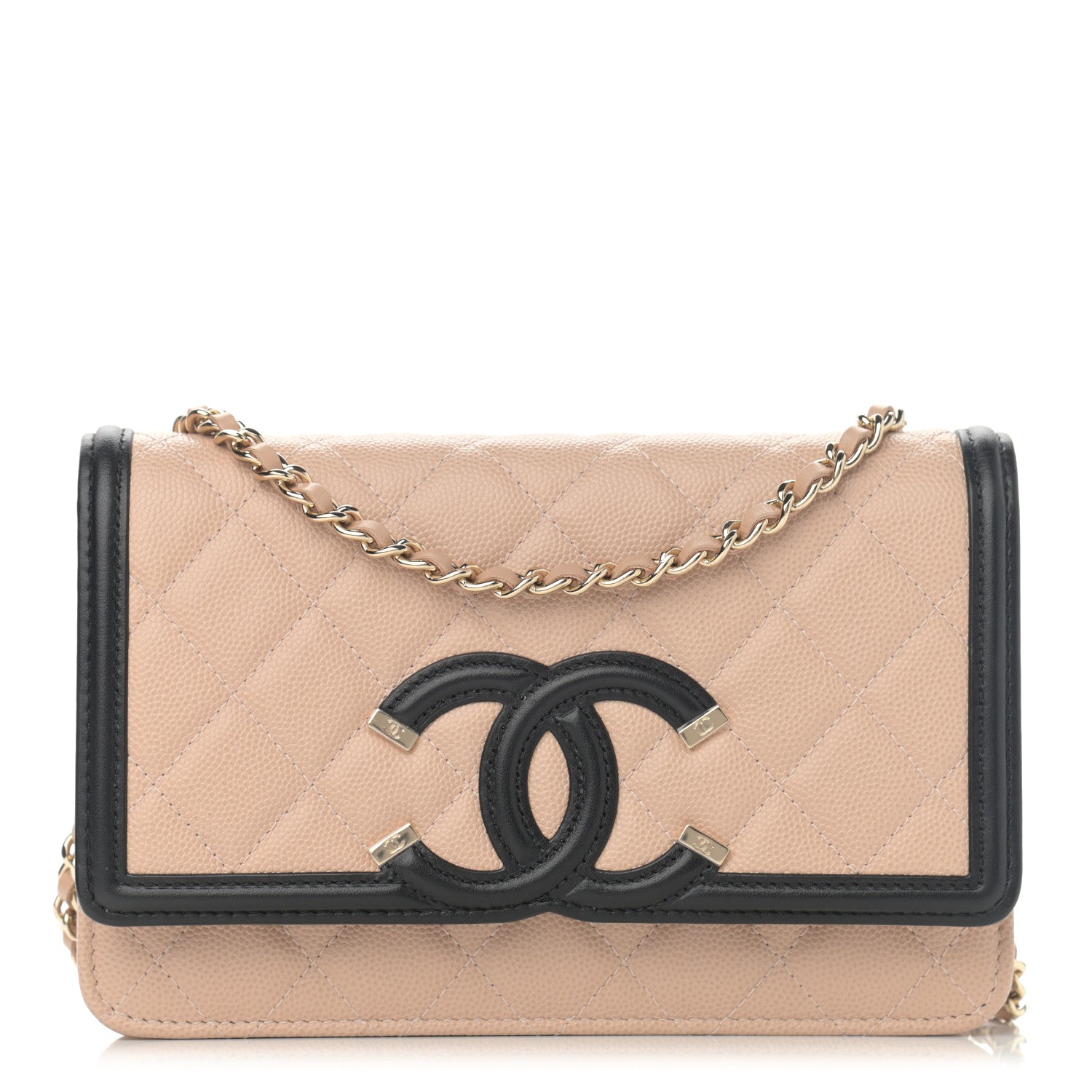 Chanel Caviar Quilted CC Filigree Wallet On Chain WOC Beige Black 1 of 12