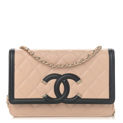 Chanel Caviar Quilted CC Filigree Wallet On Chain WOC Beige Black 1 of 12