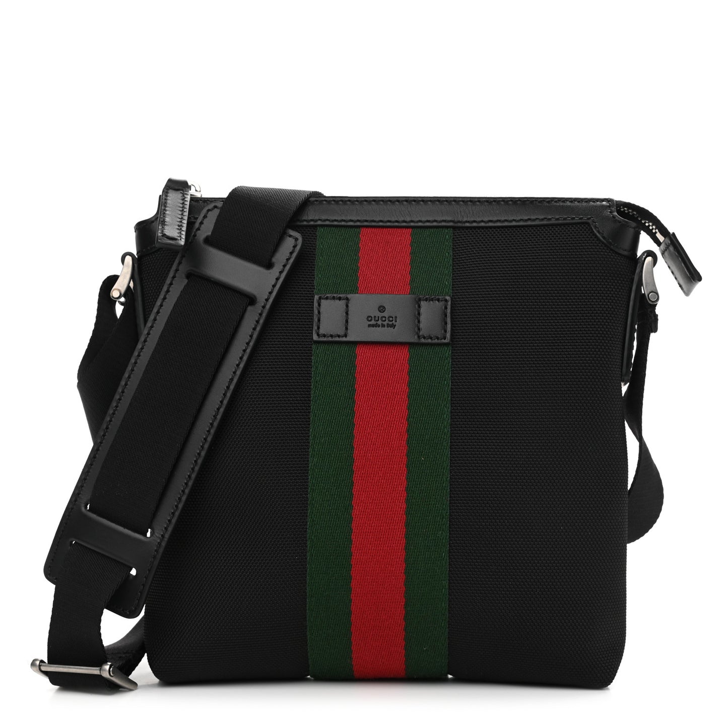 Techno Canvas Selleria Calfskin Web Small Flat Messenger Bag Black