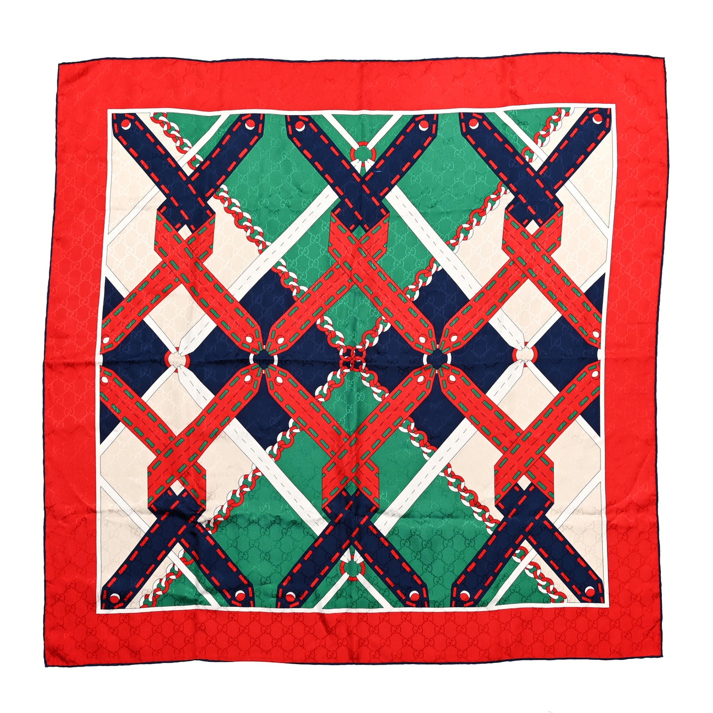 Silk Chain Argyle Square Scarf Emerald Red